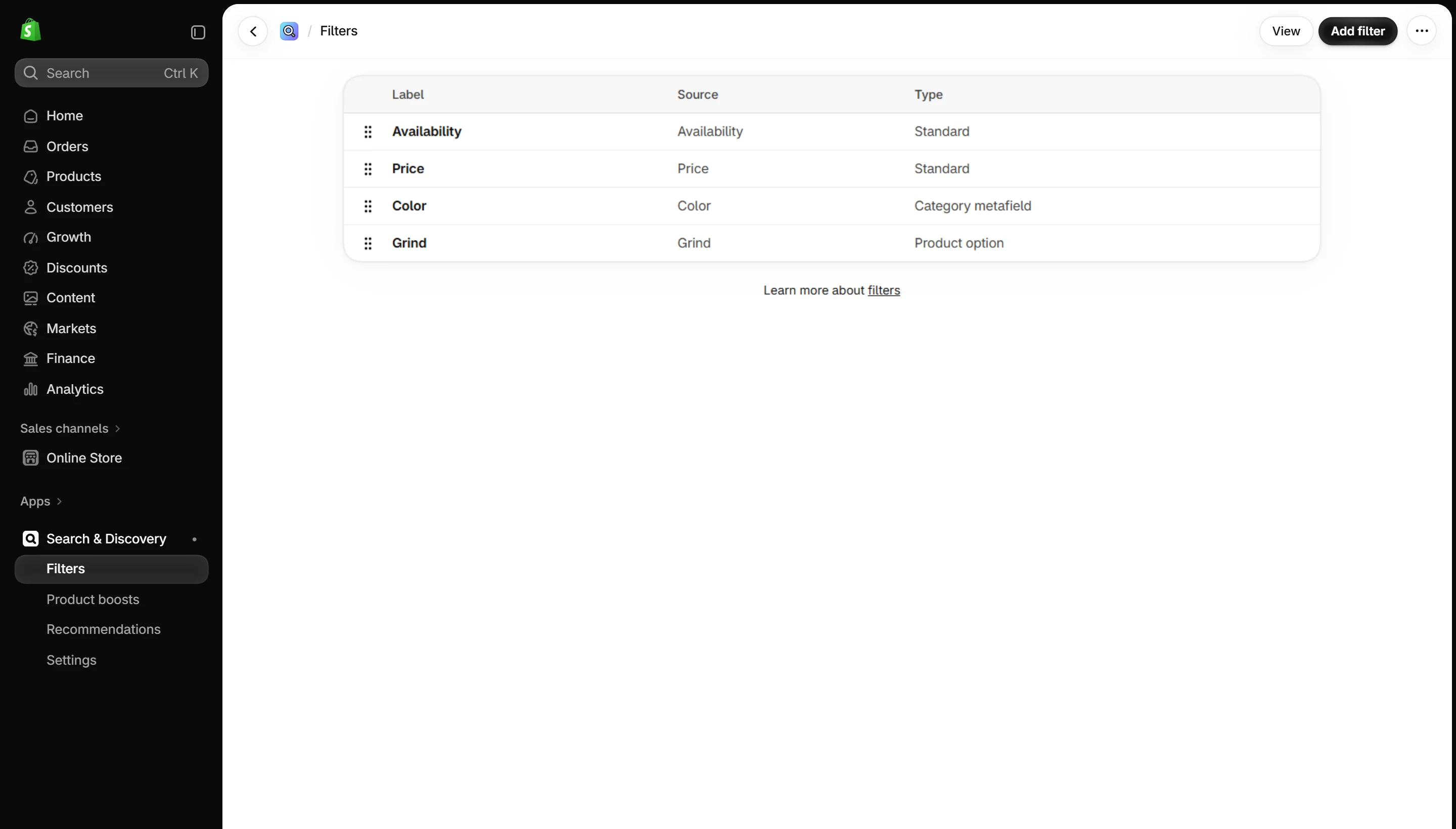 Filters in Search & Discovery.