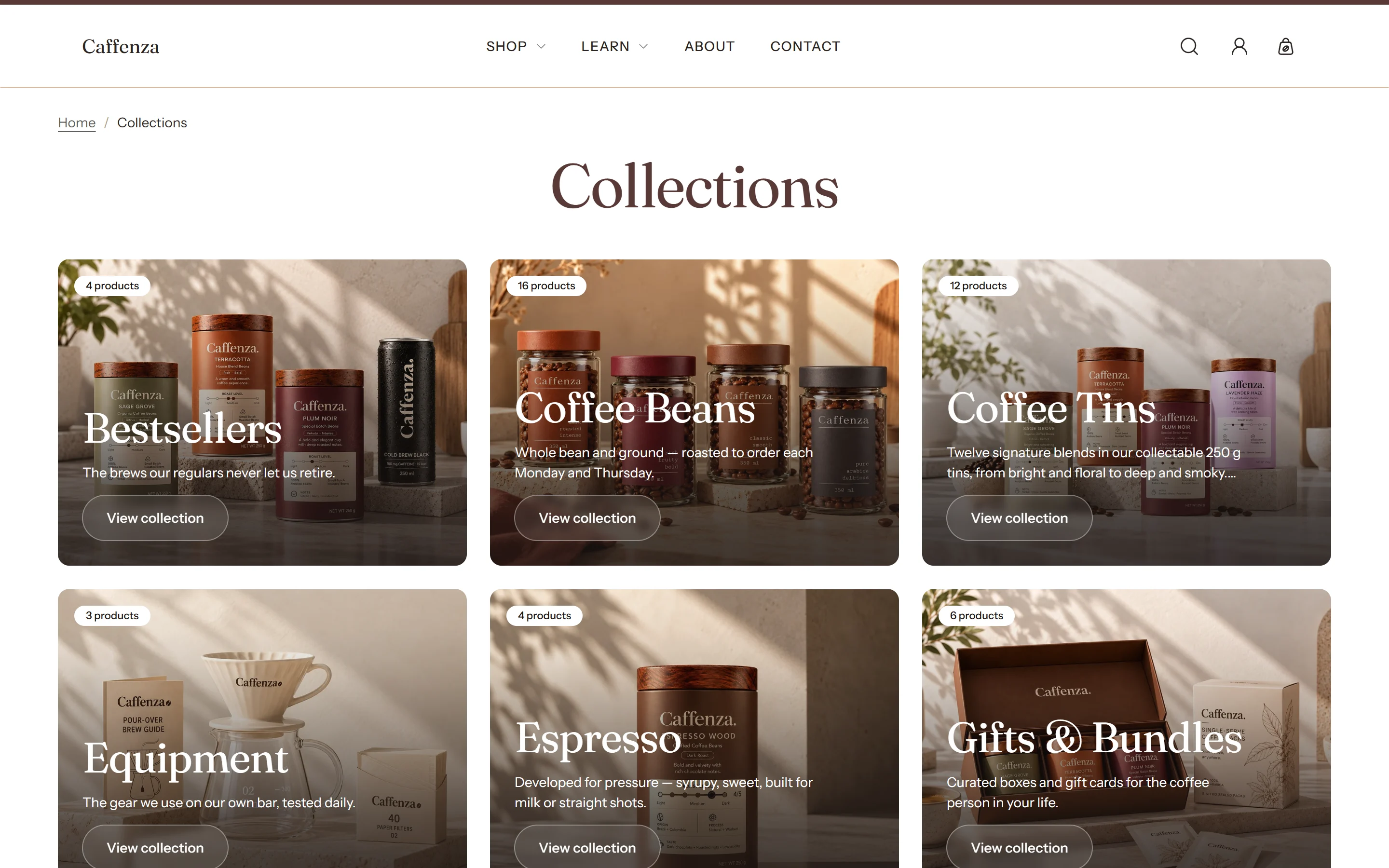 The collections list page.