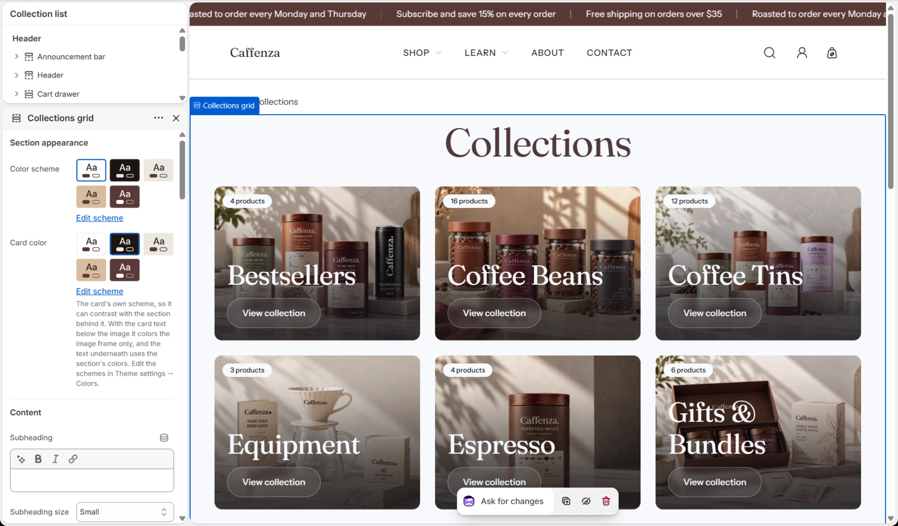 Collections grid settings.