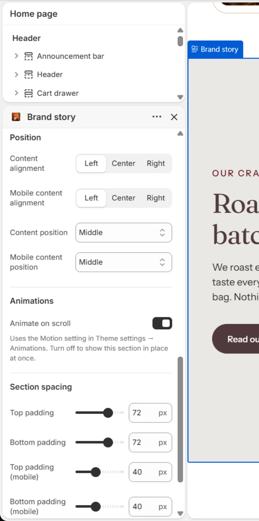The Animate on scroll setting.