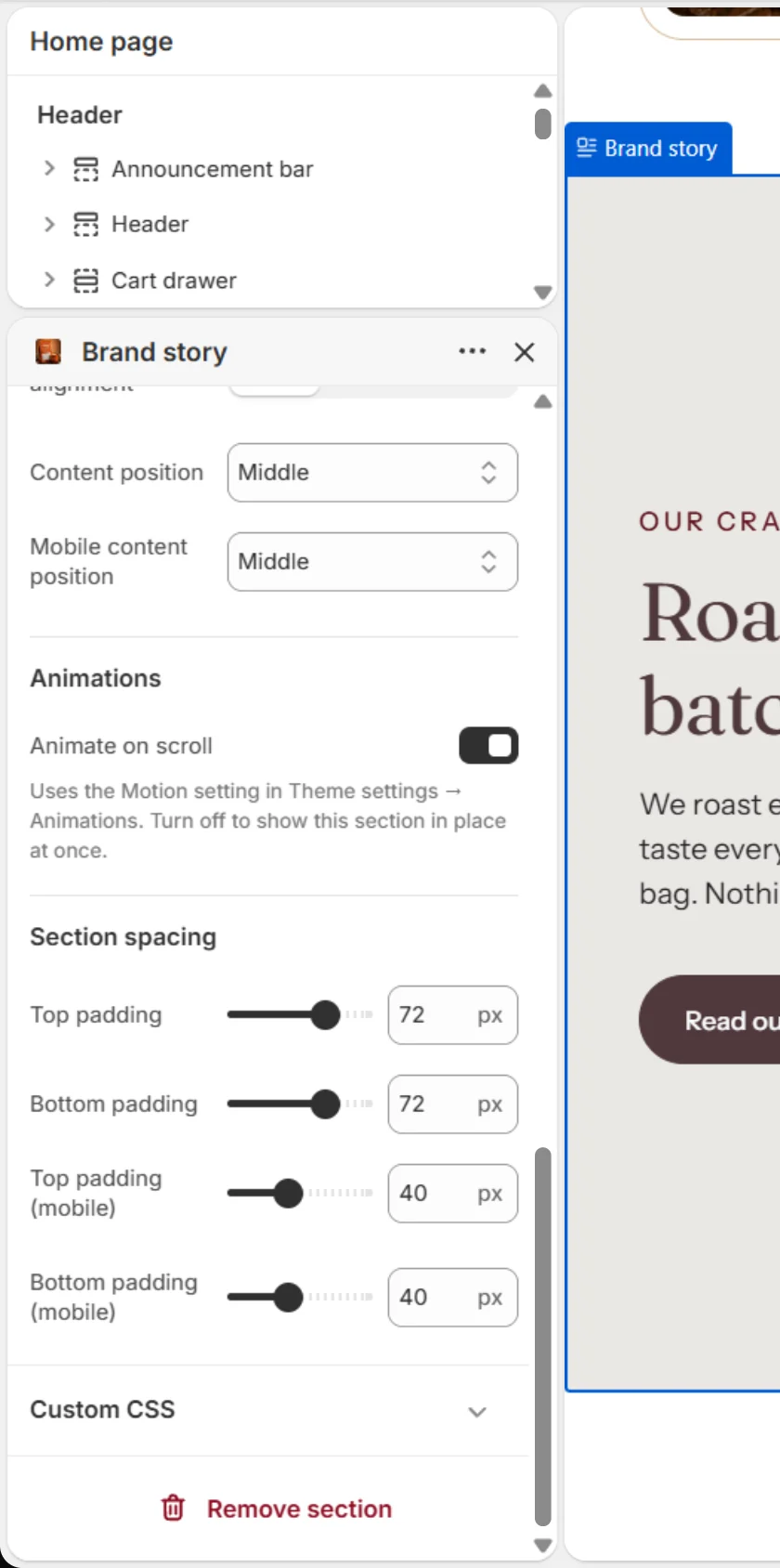 Section spacing settings.