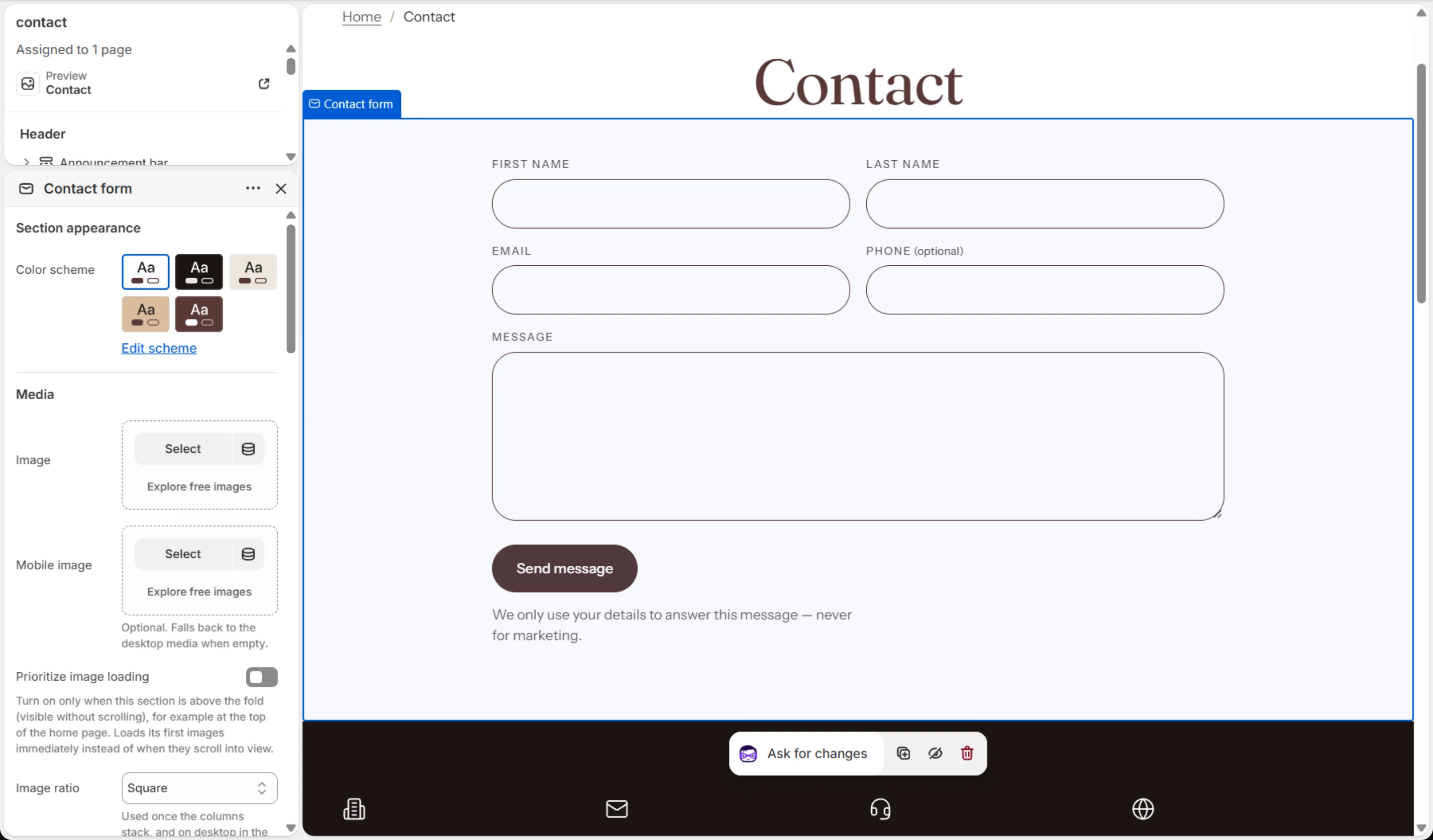 Contact form settings.