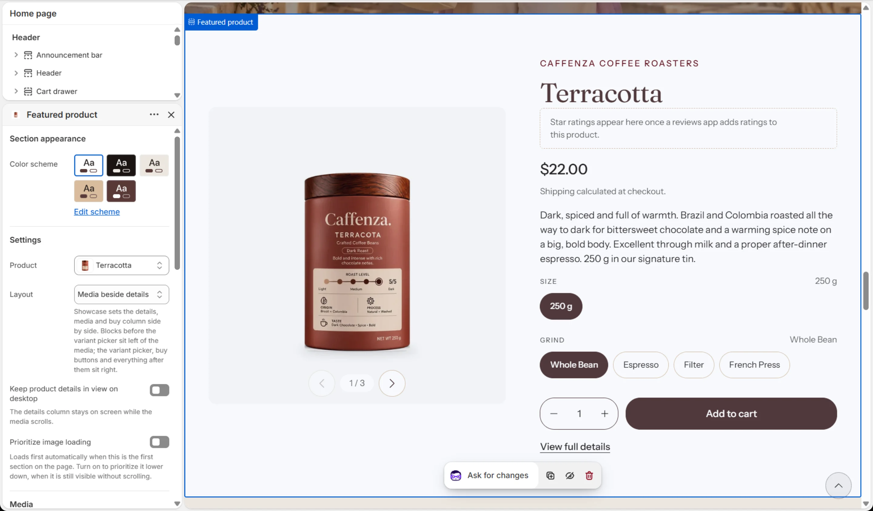 Featured product settings in the theme editor.