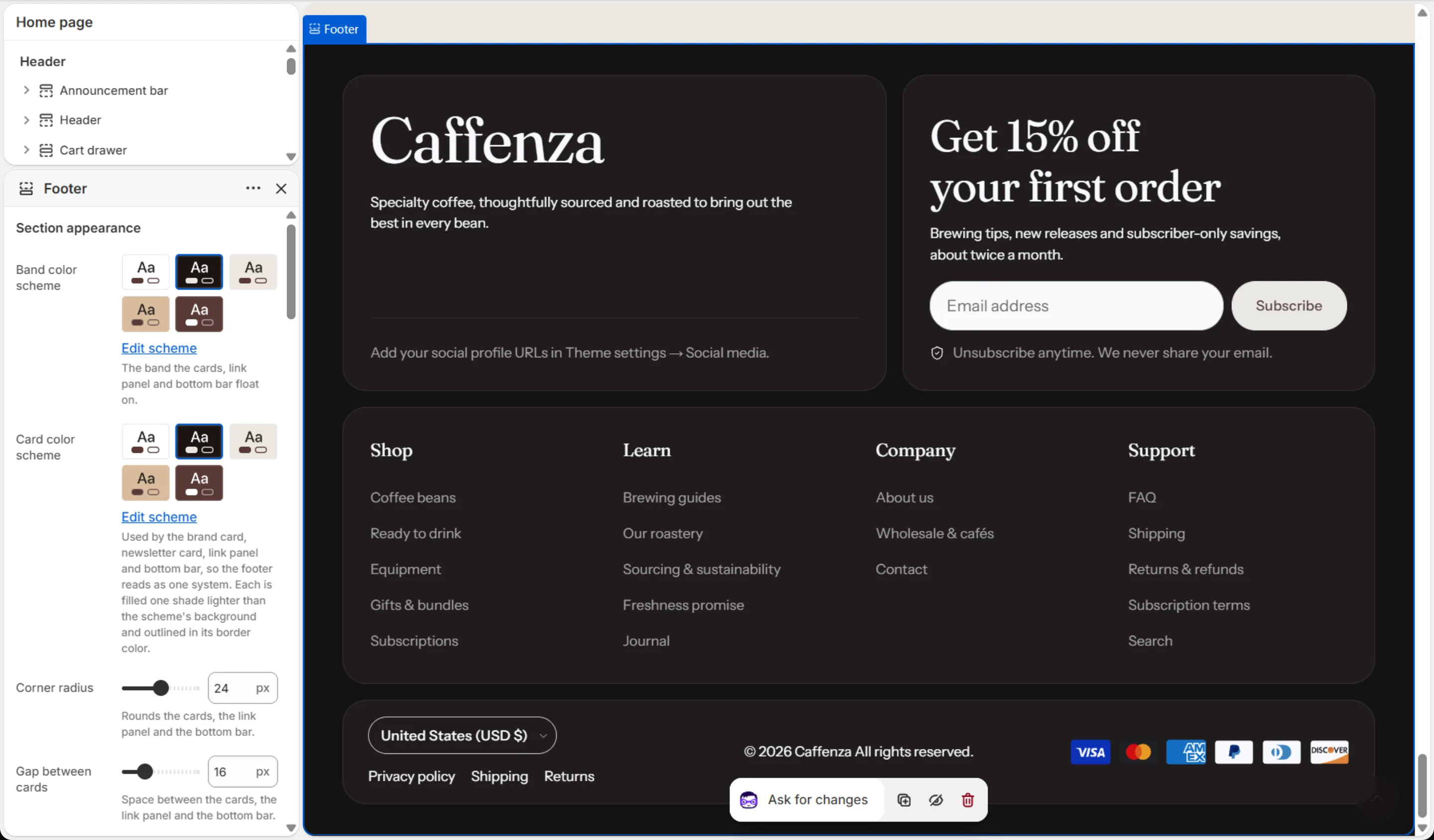 Footer settings in the theme editor.