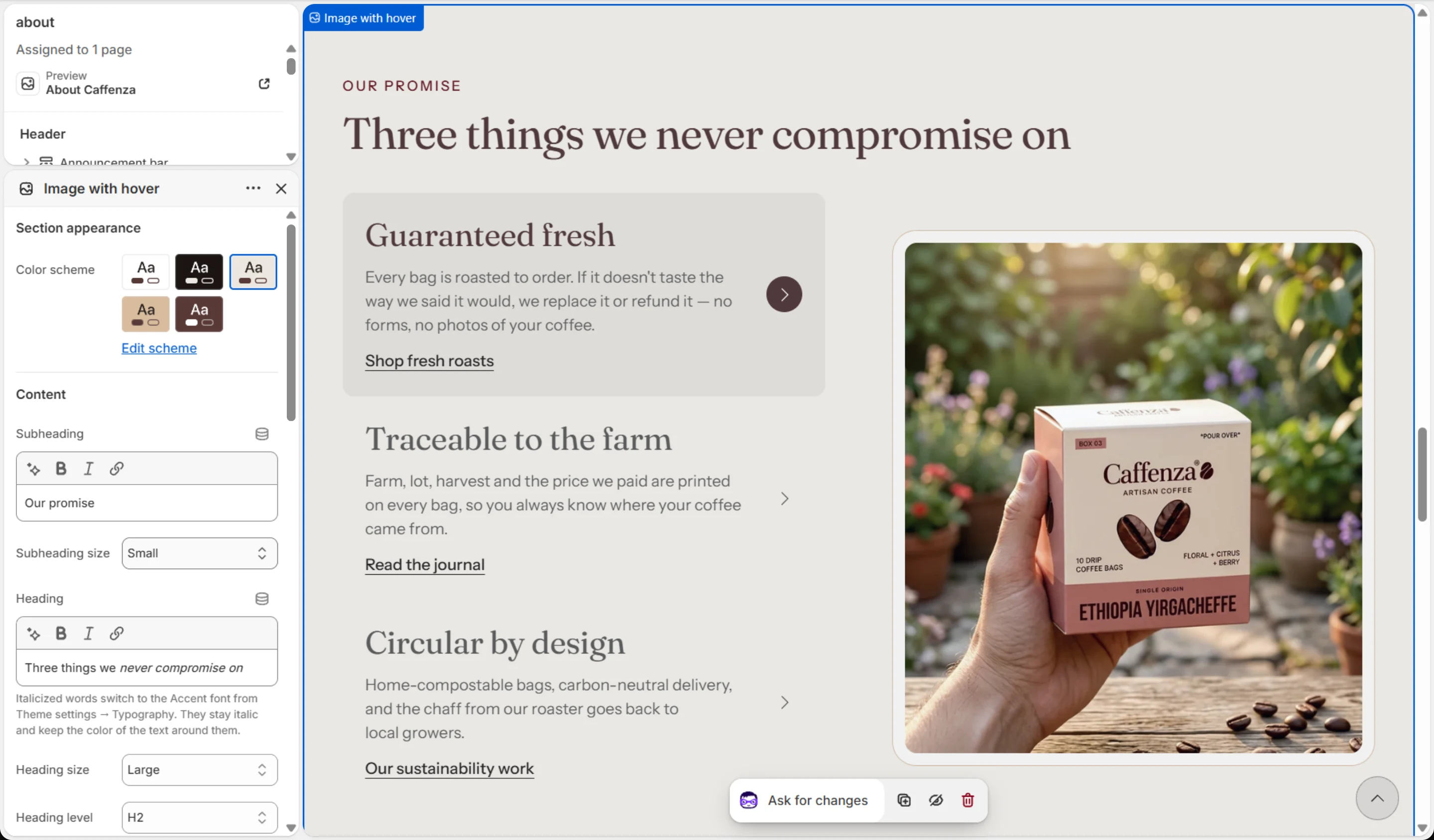 Image with hover settings in the theme editor.