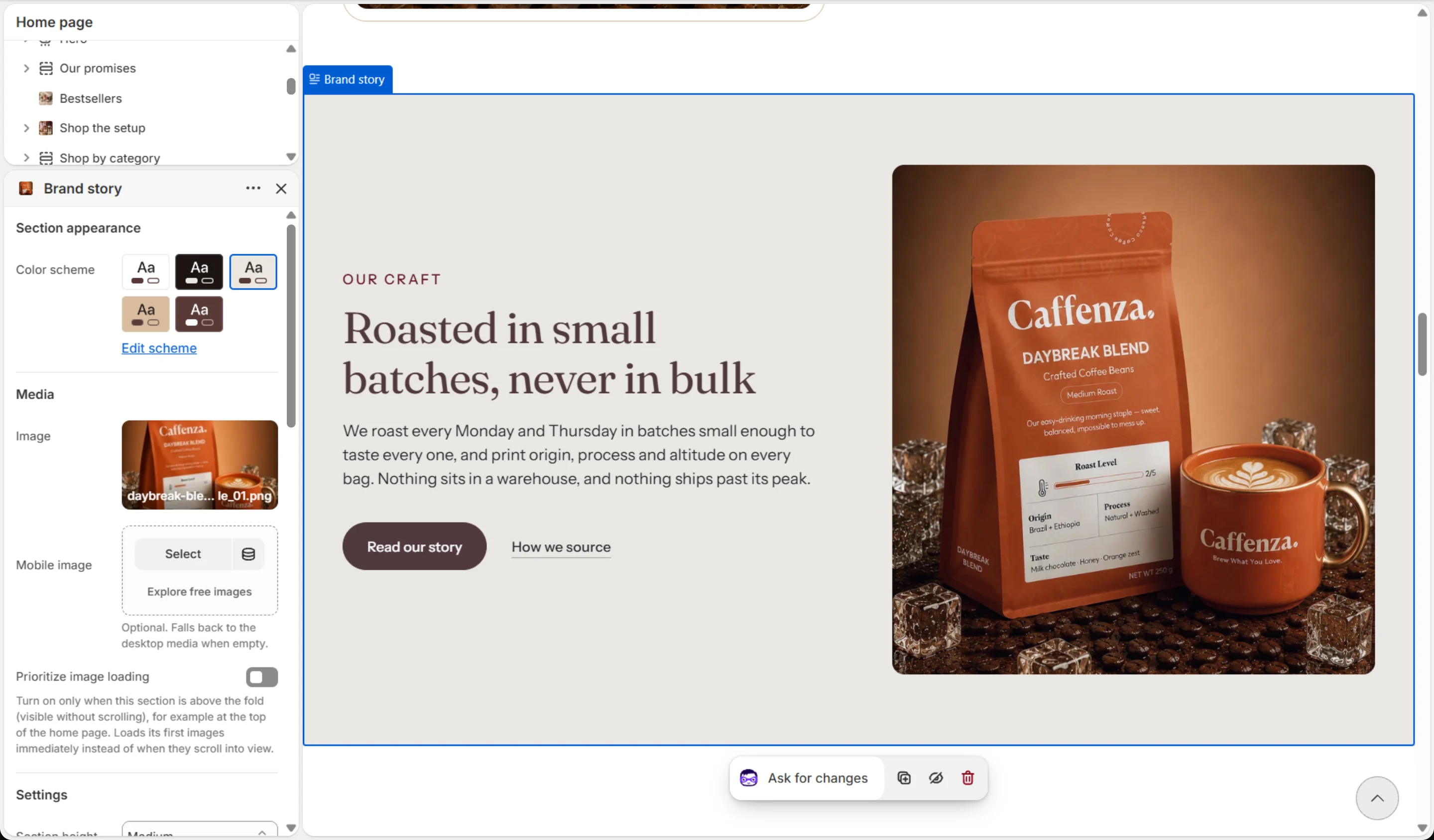 Image with text settings in the theme editor.