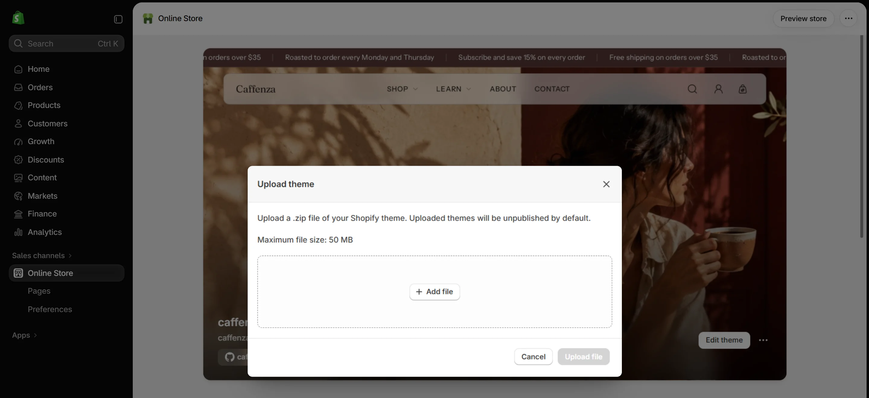 Uploading the theme ZIP file.