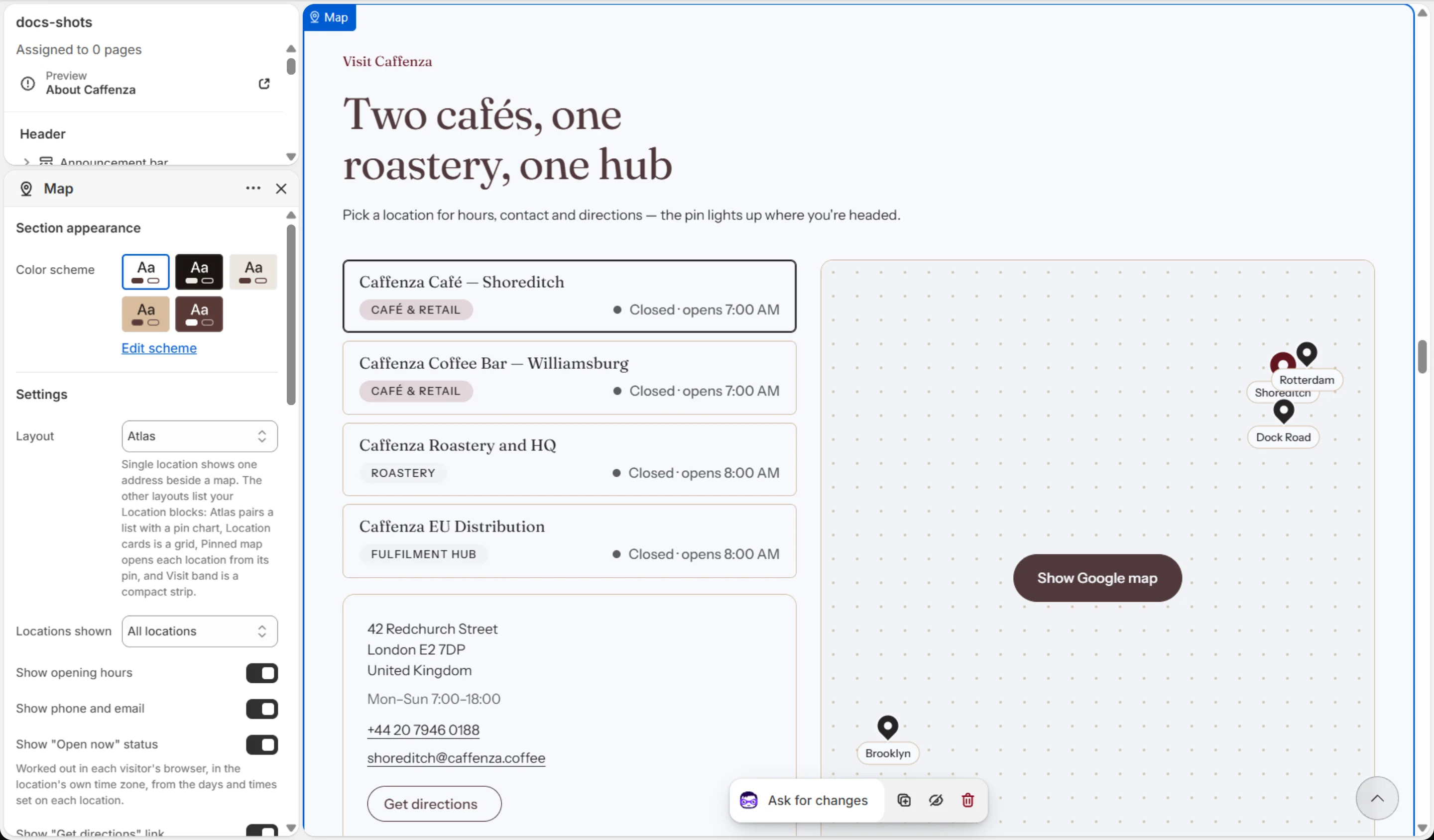 Map settings in the theme editor.