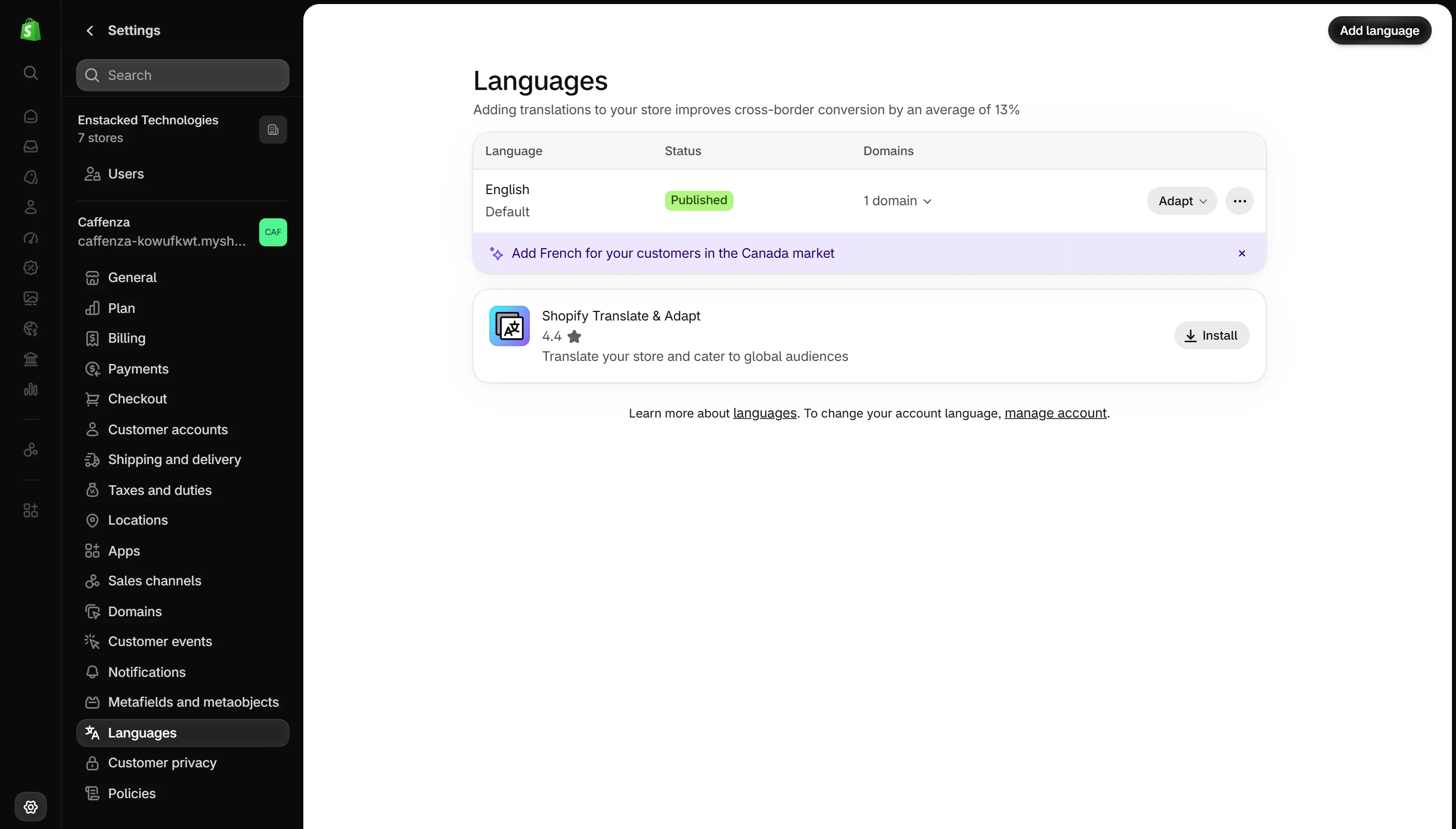 Languages in Shopify.