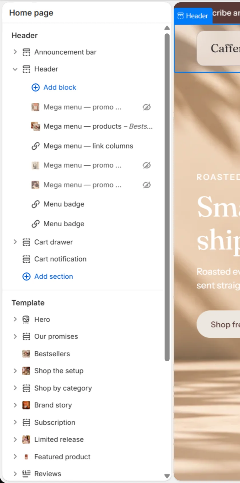Mega menu blocks in the sidebar.