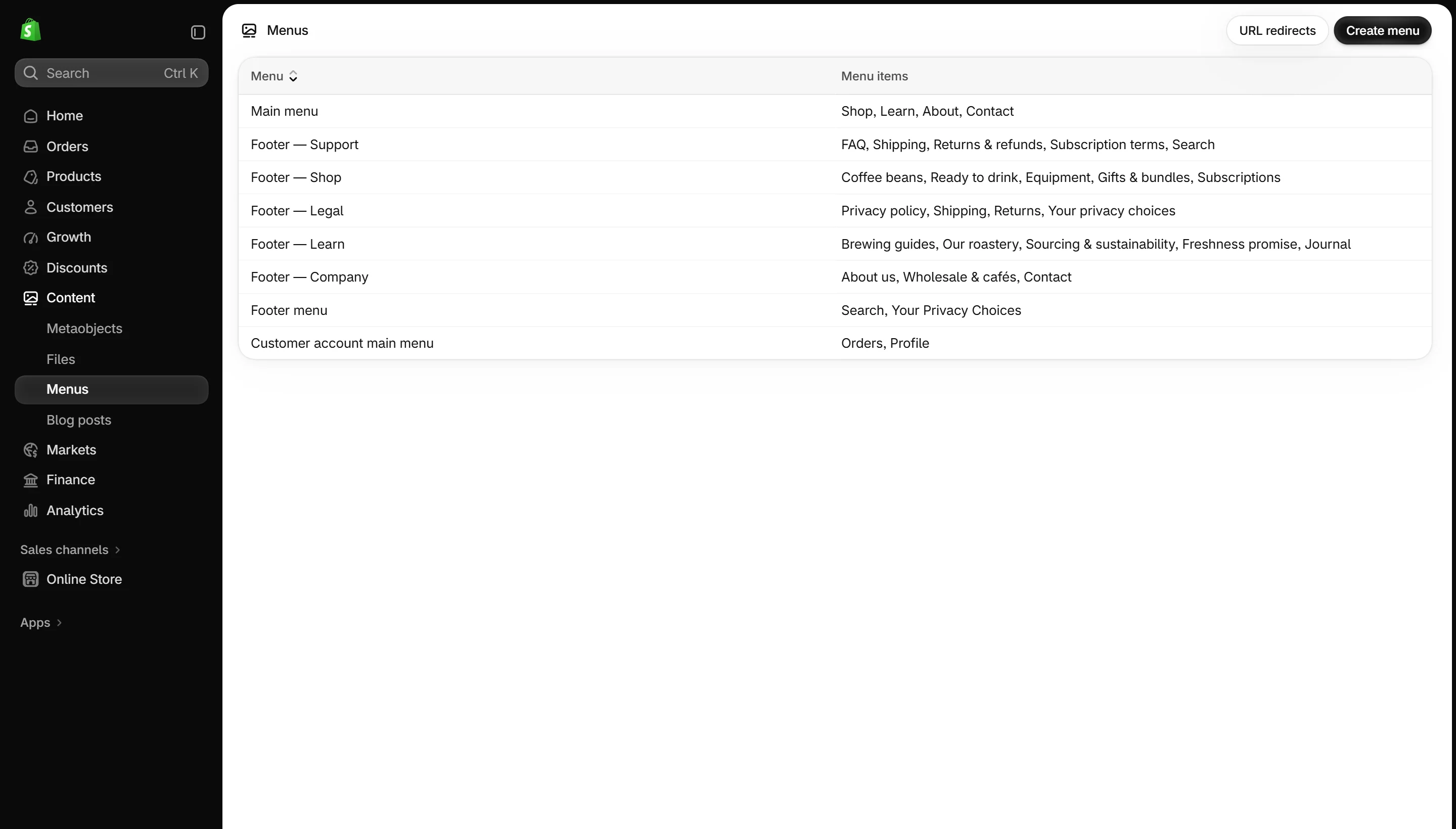 The menus list.