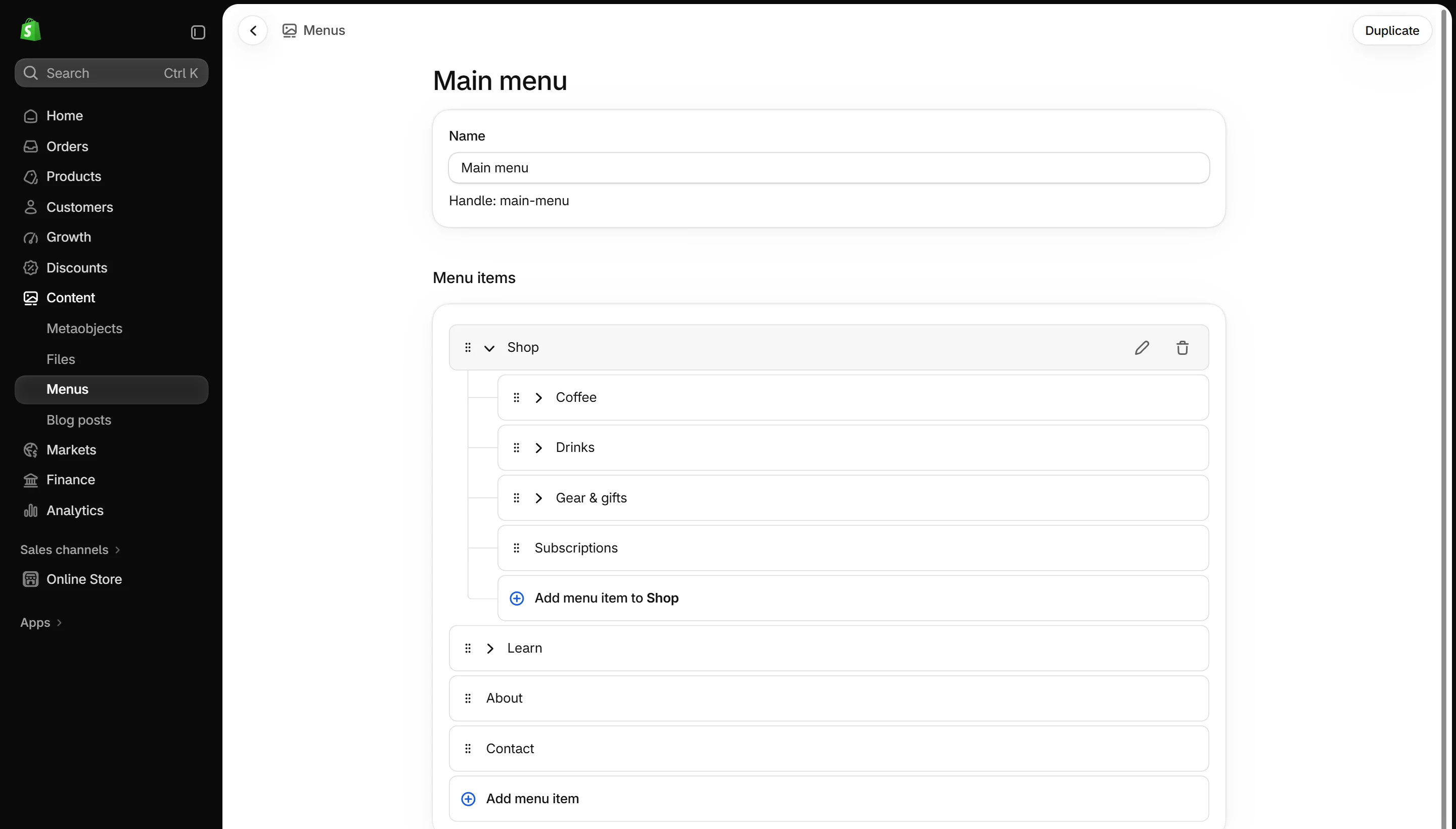A menu with dropdown items.