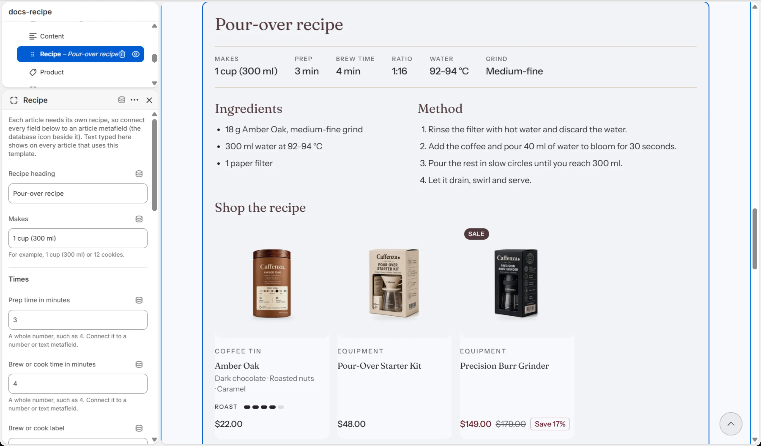The Recipe block settings.