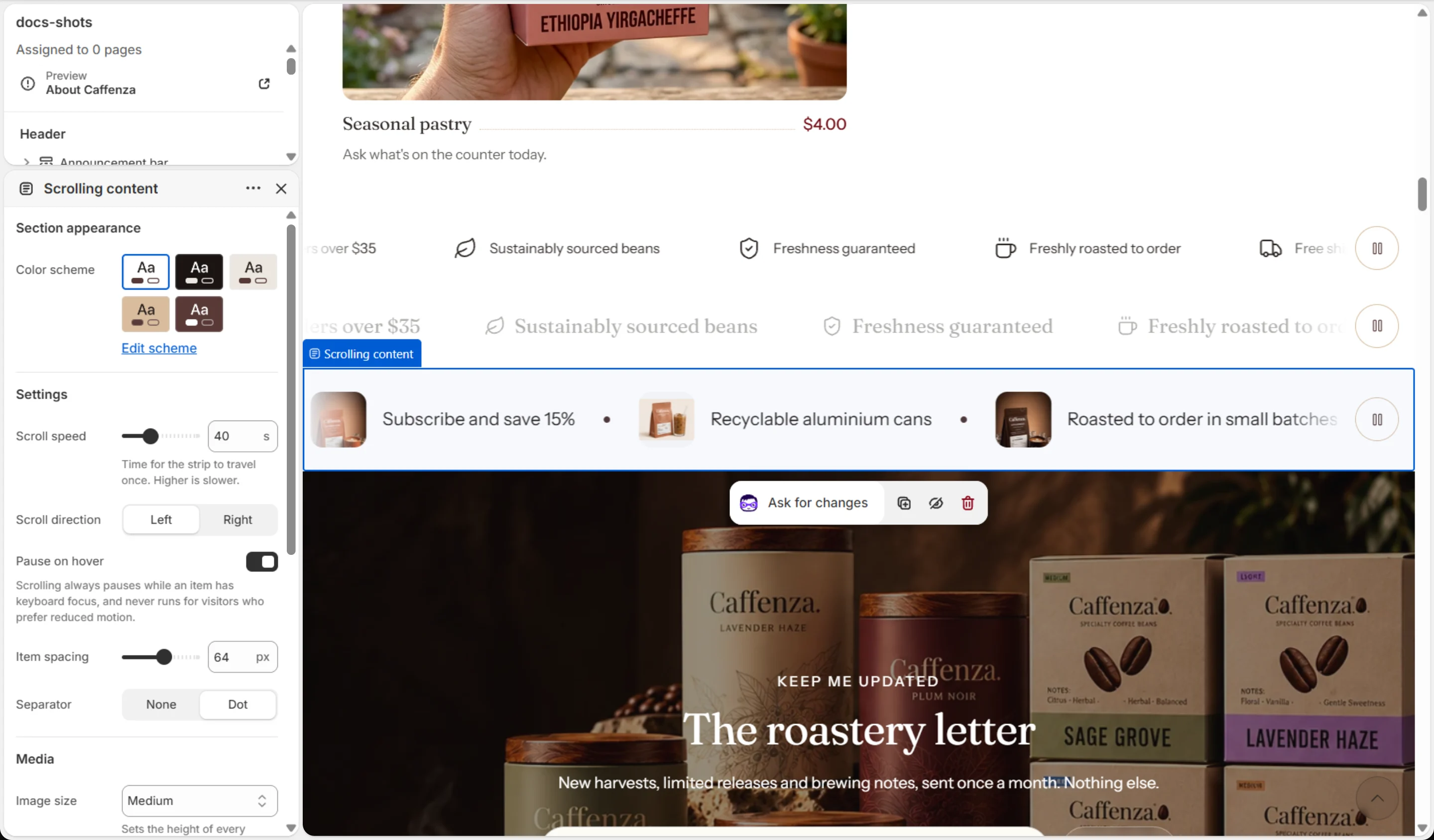 Scrolling content settings in the theme editor.