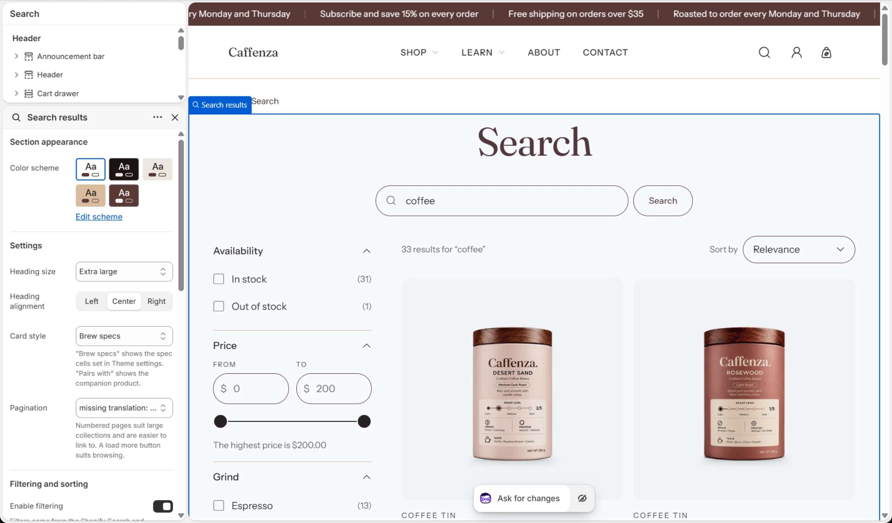 Search results settings.