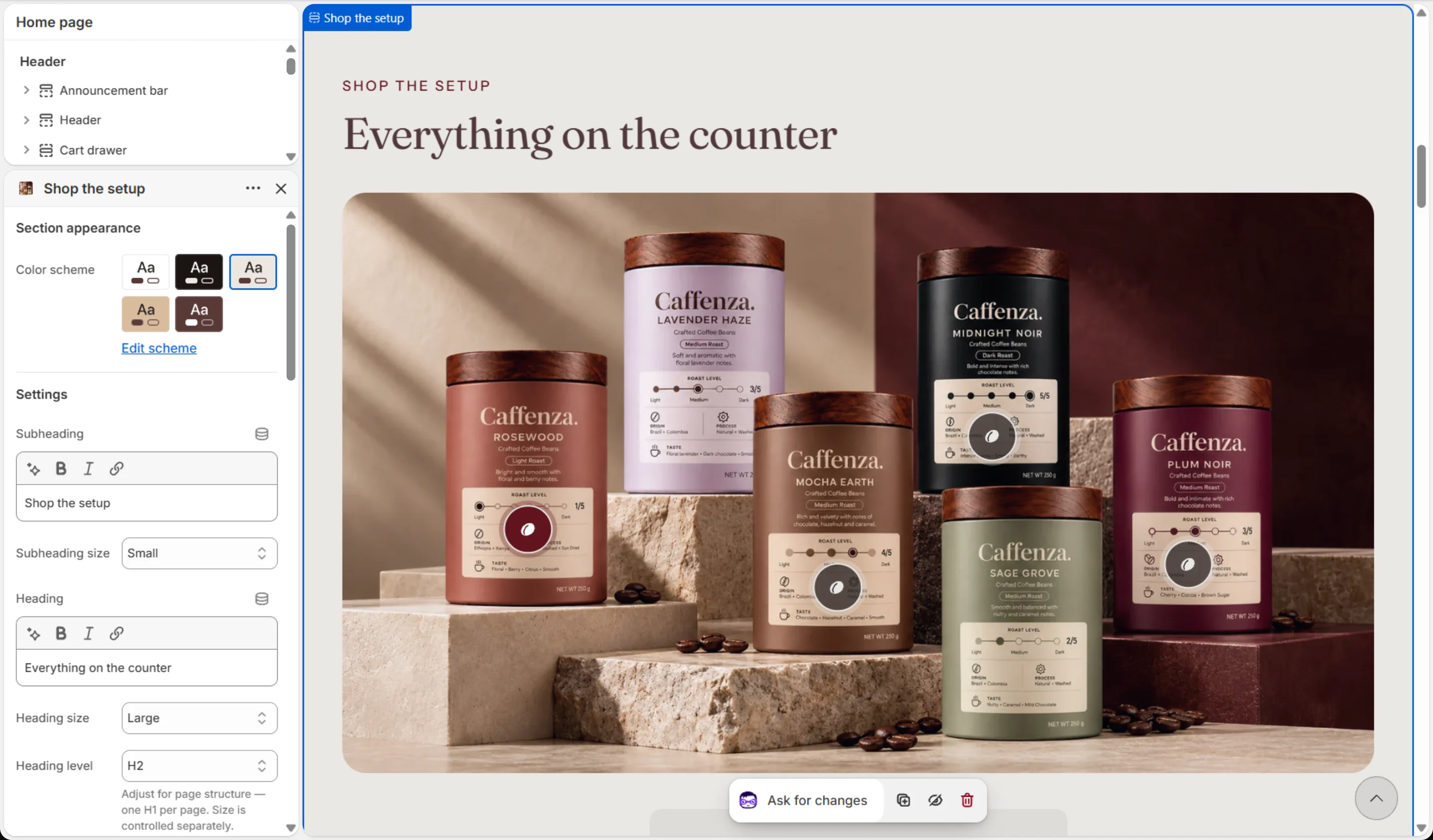 Shop the look settings in the theme editor.