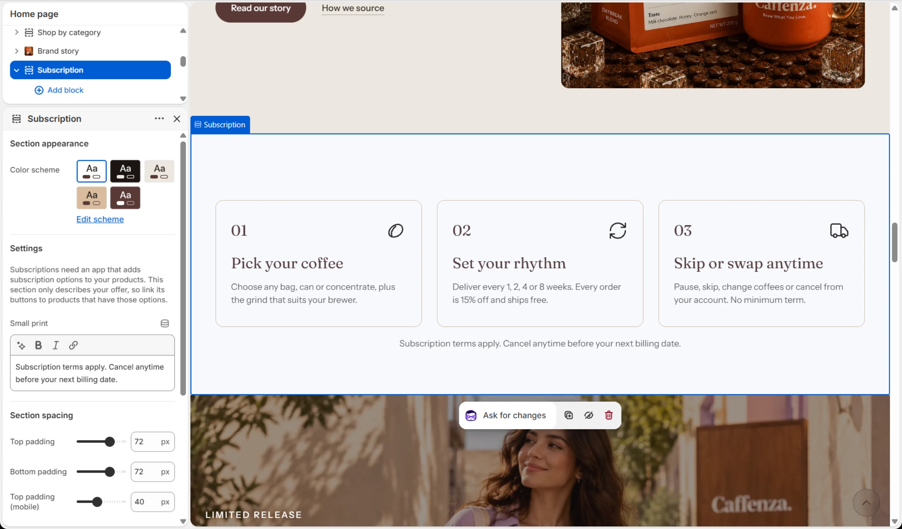 Subscription section settings.