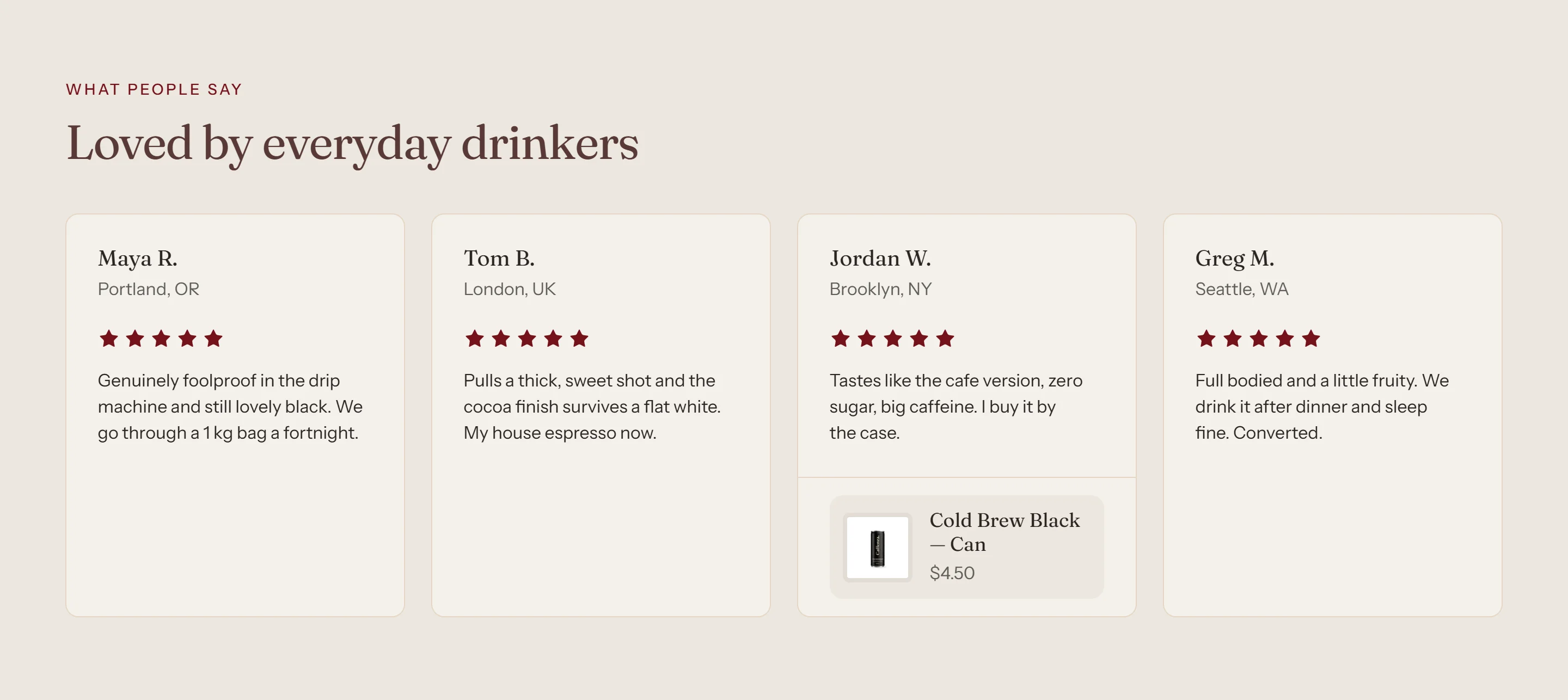 The Testimonials section on desktop.