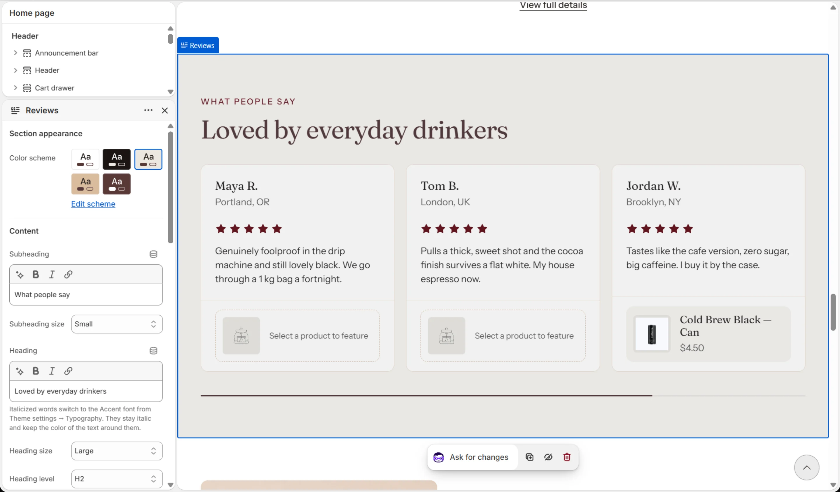 Testimonials settings in the theme editor.