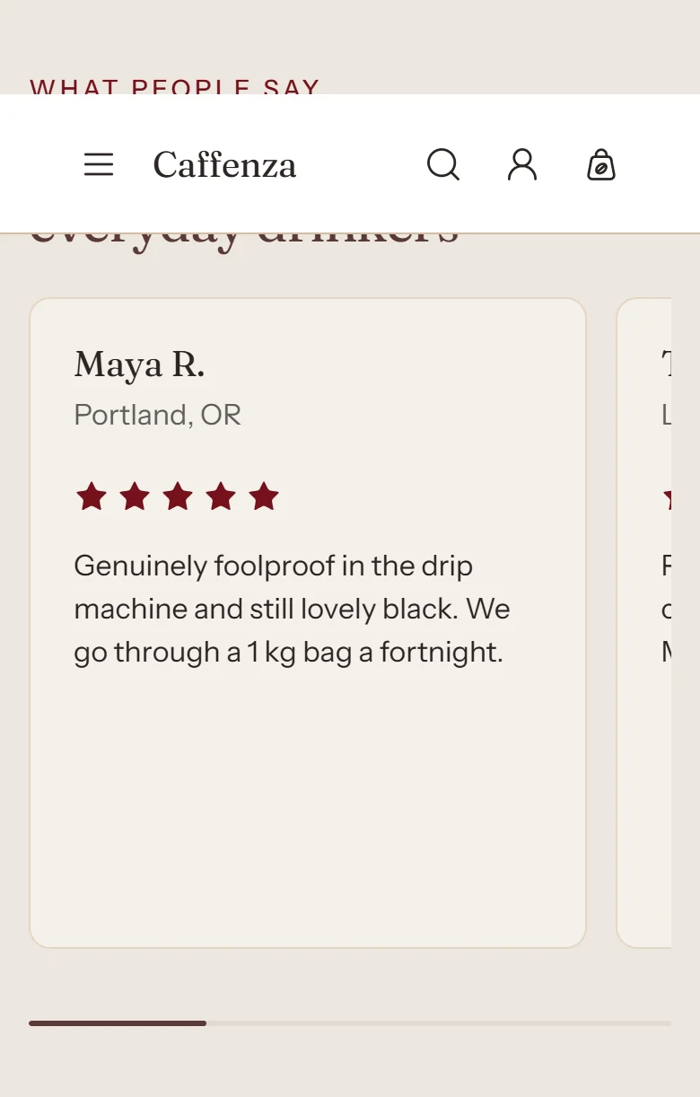 The Testimonials section on a phone.