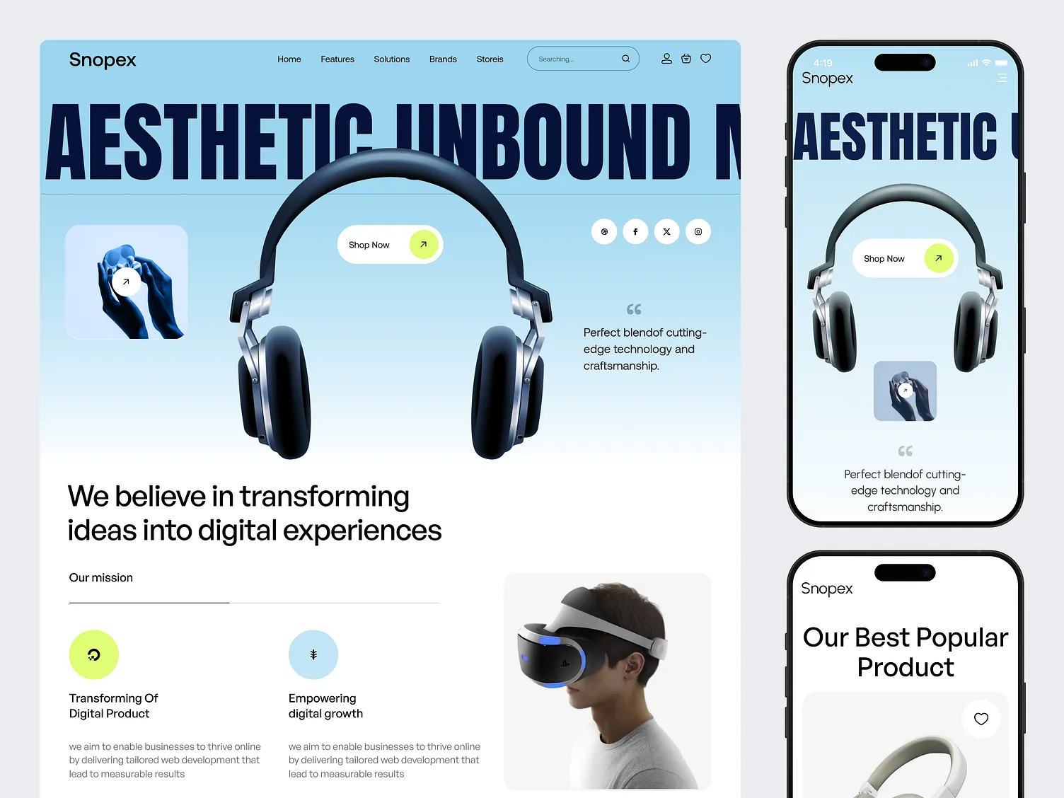 Electronics store homepage with a headphone product shot