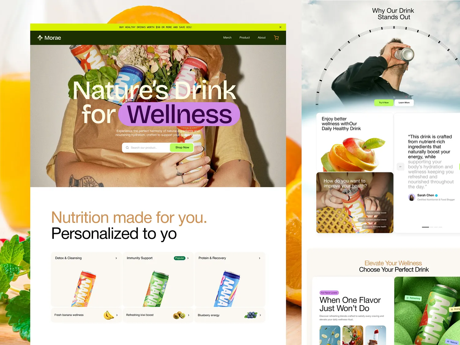 Food store homepage with a prepared dish and ingredient badges