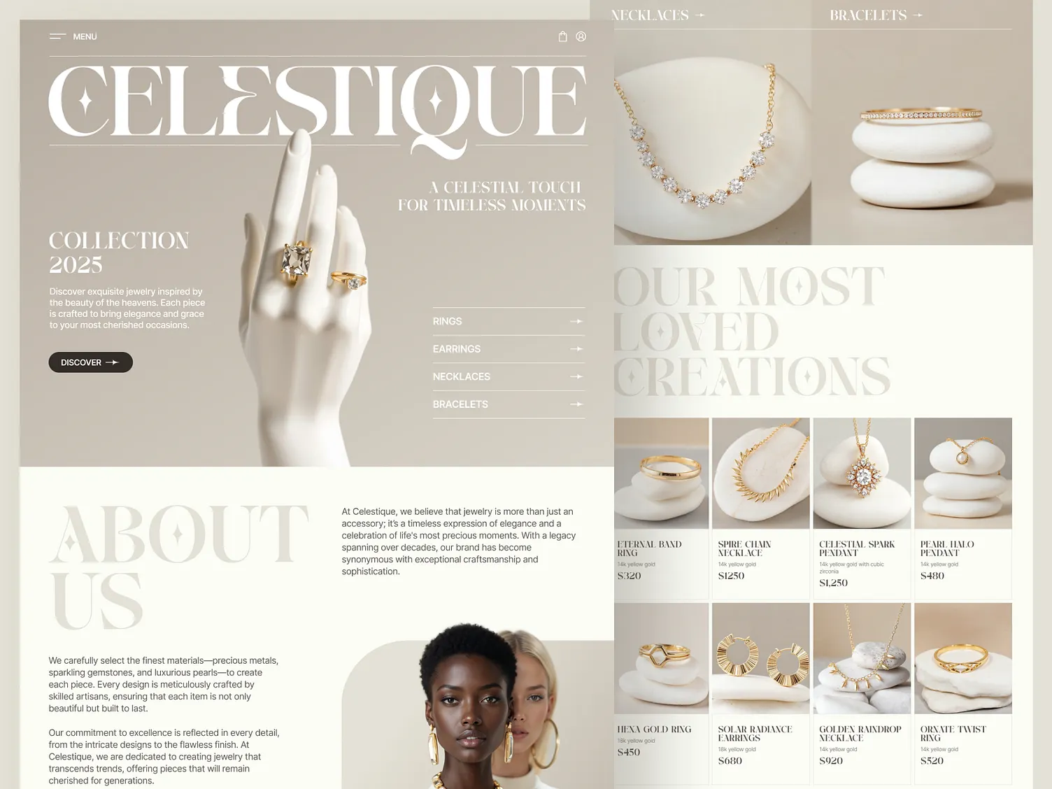 Jewelry store homepage with a necklace on a dark backdrop