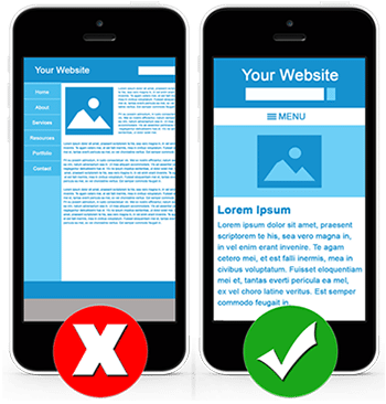 Two mobile phone mockups showing poor vs optimized mobile web design