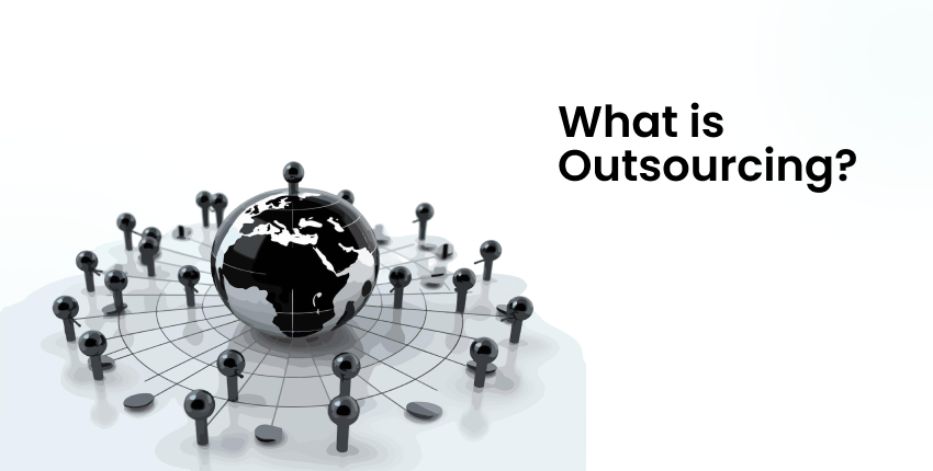 Visual representation of outsourcing with global team connected around a central system