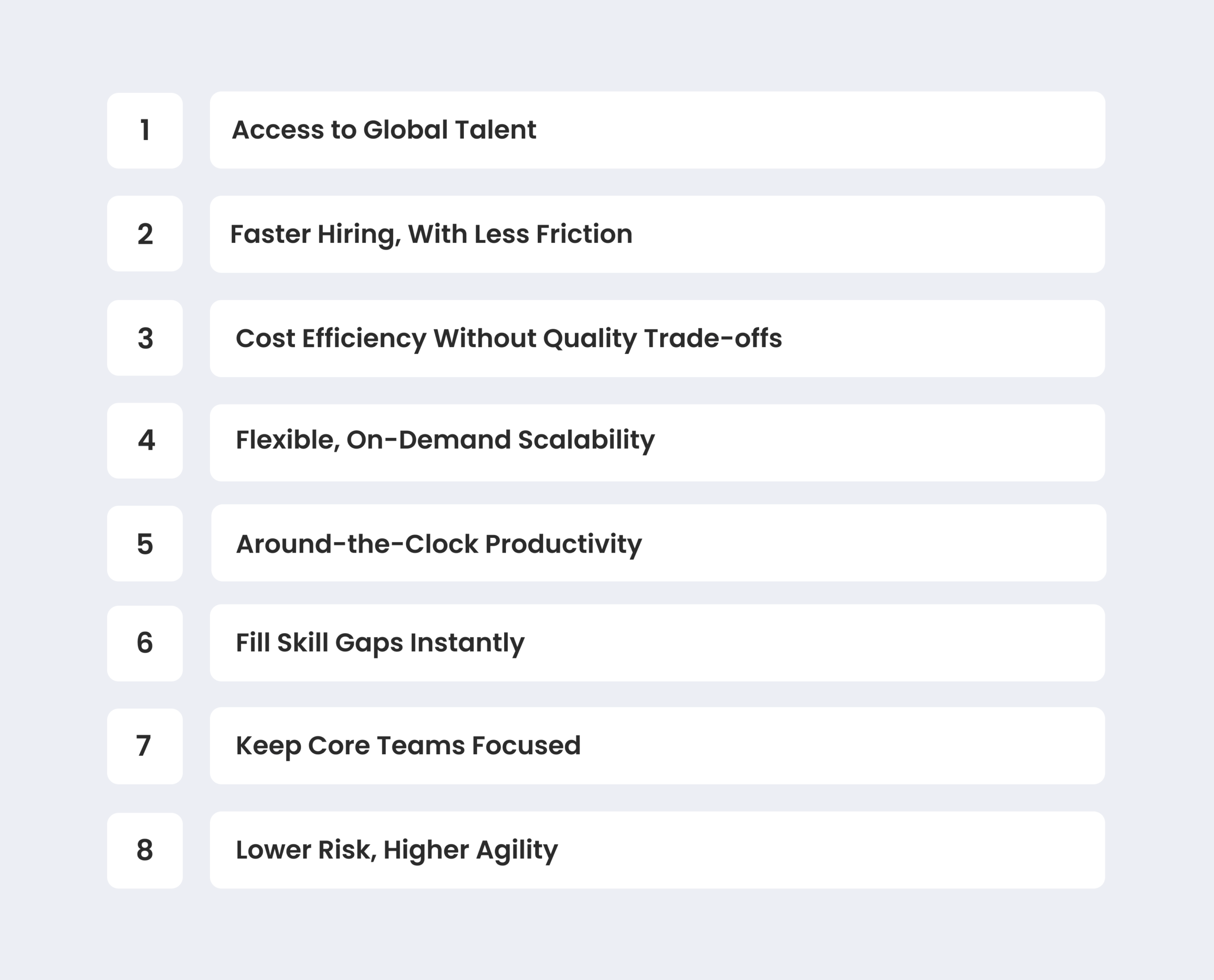 Top benefits of offshore outsourcing including cost savings, scalability, global talent, and 24/7 productivity