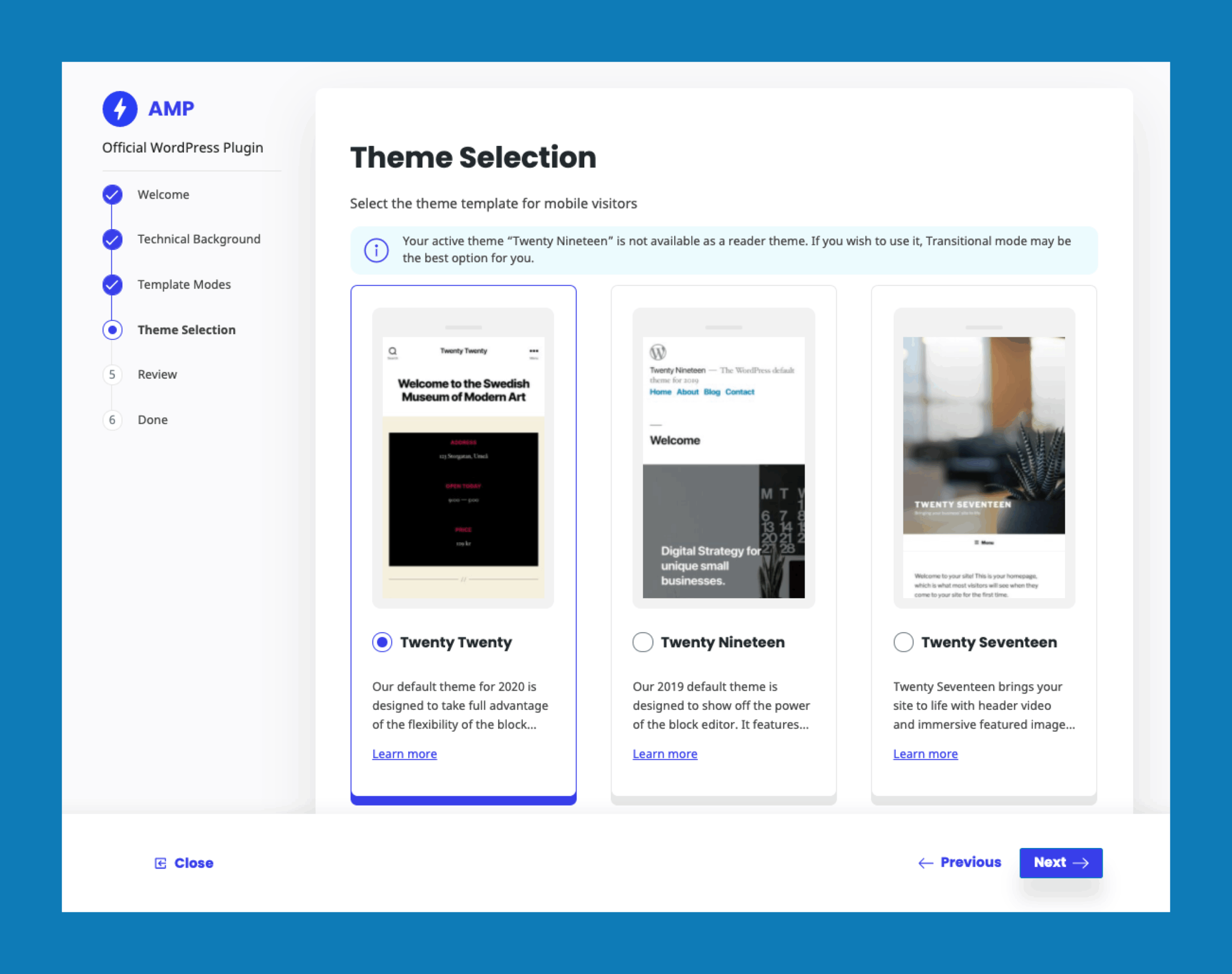 Official AMP Plugin for WordPress setup screen showing theme selection for mobile optimization.