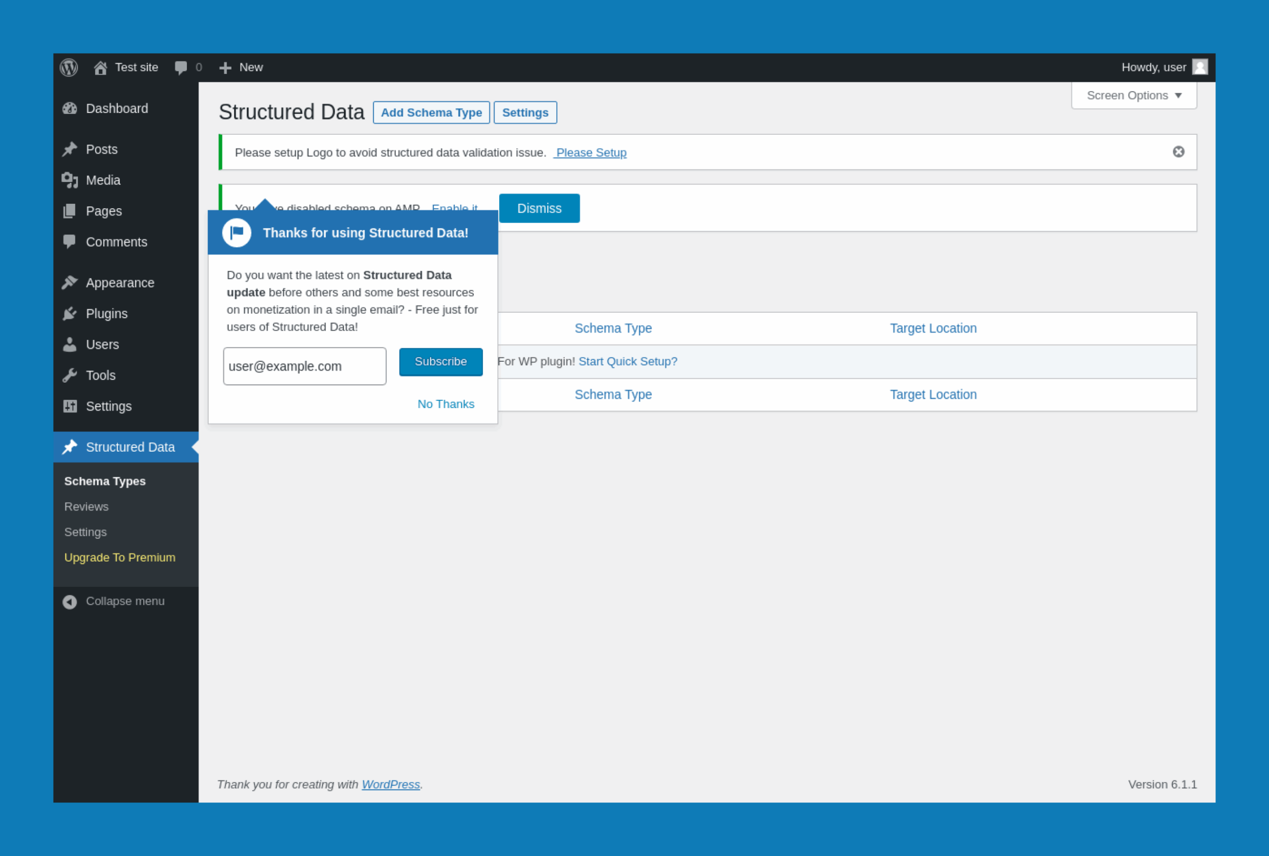 Schema & Structured Data for WP & AMP plugin settings screen in WordPress for schema setup.