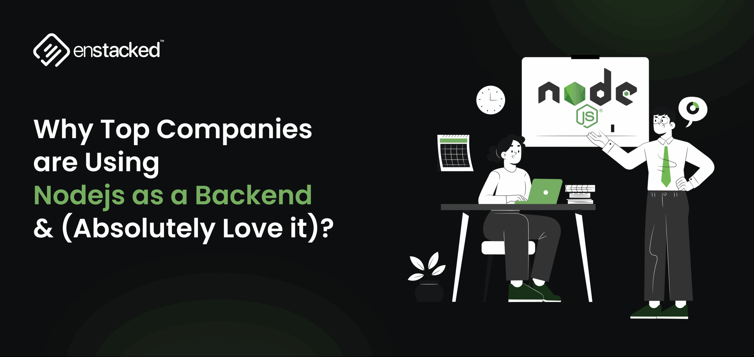 Illustration showing professionals discussing Node.js backend benefits with blog title "Why Top Companies Are Using Node.js as a Backend (And Absolutely Love It)"