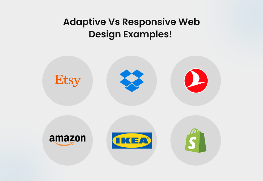 Adaptive vs responsive web design examples including Etsy, Dropbox, Turkish Airlines, Amazon, IKEA, and Shopify