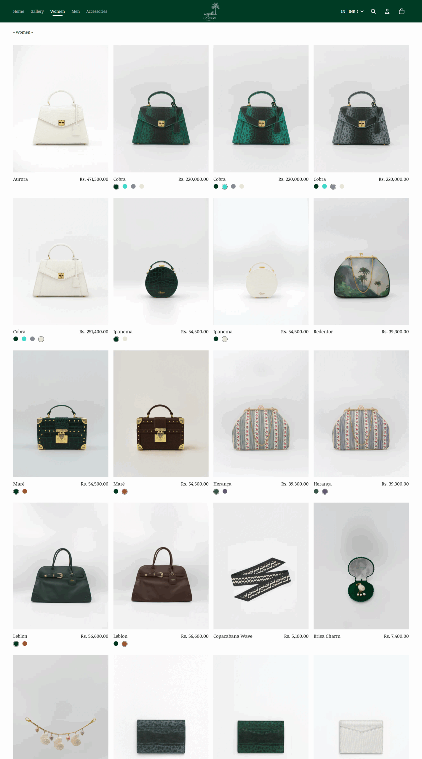 Bossa Brasil lifestyle and product gallery showcasing handbags, accessories, and campaign photography