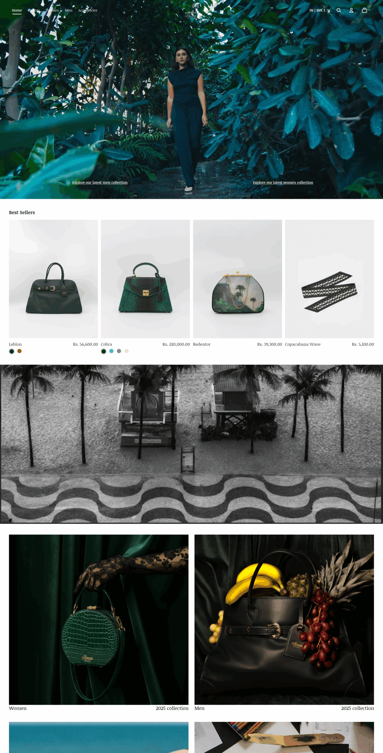 Bossa Brasil homepage layout featuring bestsellers, lifestyle visuals, and Brazilian-inspired design elements