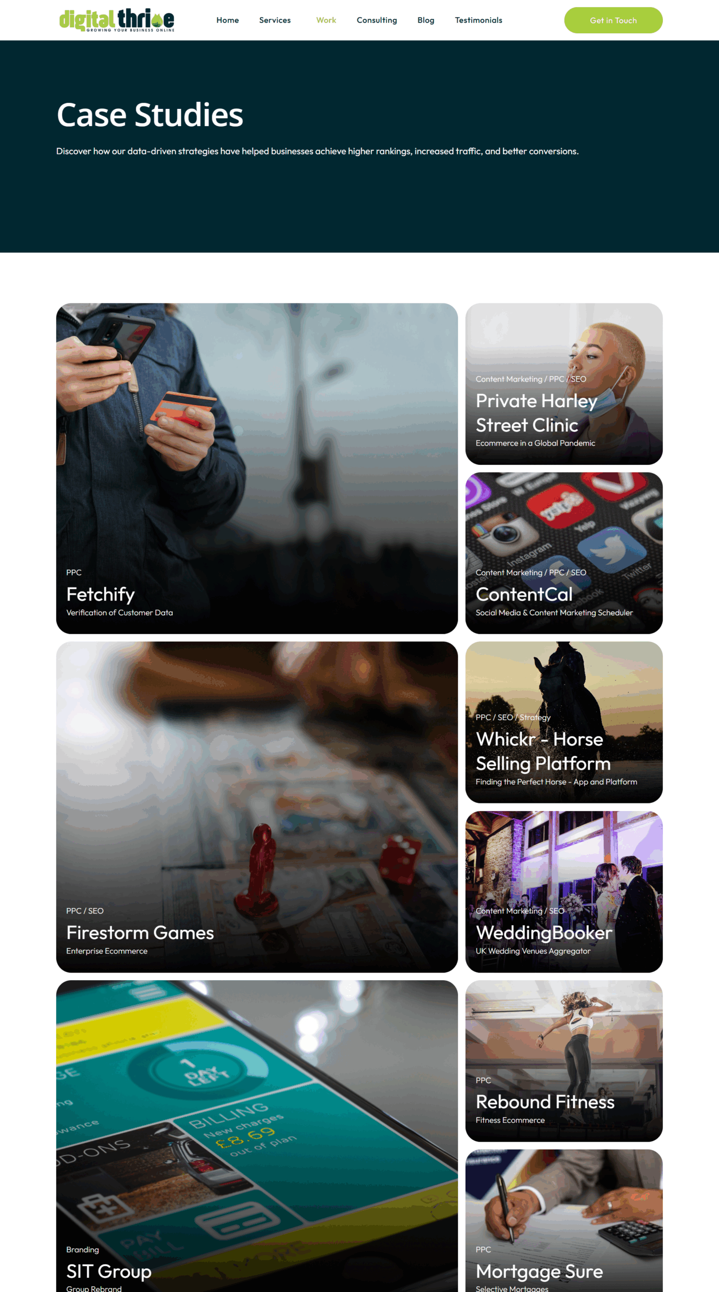 Digital Thrive case studies page displaying marketing projects including Fetchify, ContentCal, Whickr, Firestorm Games, and more.