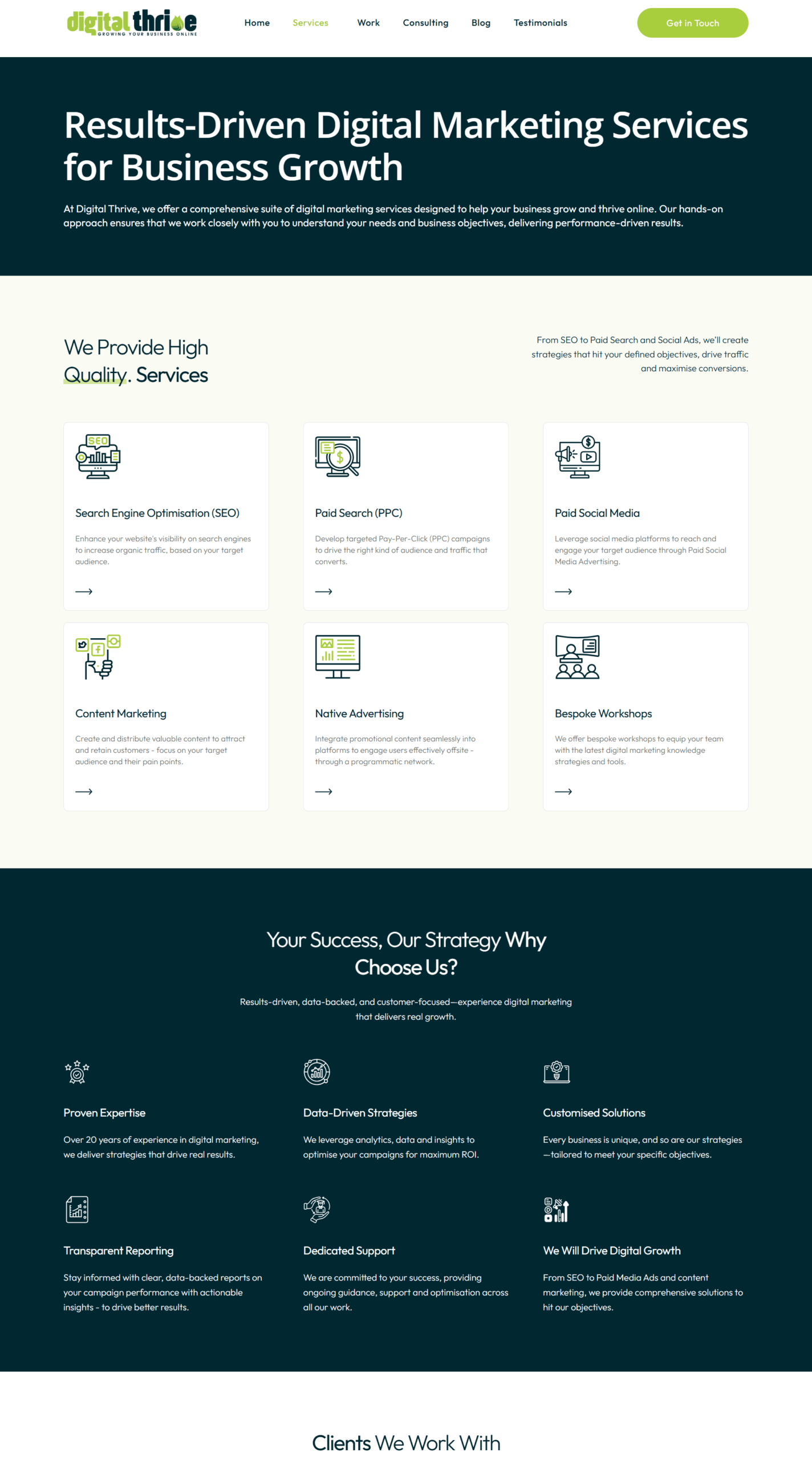 Digital Thrive services section displaying SEO, PPC, Paid Social Media, Content Marketing, Native Advertising, and workshops
