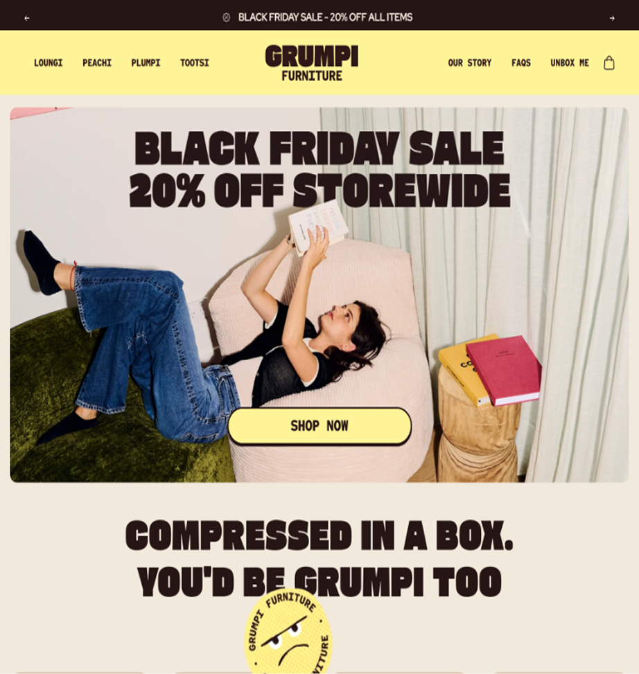 Grumpi Shopify website banner showing Black Friday Sale 20% off design with cozy sofa product display