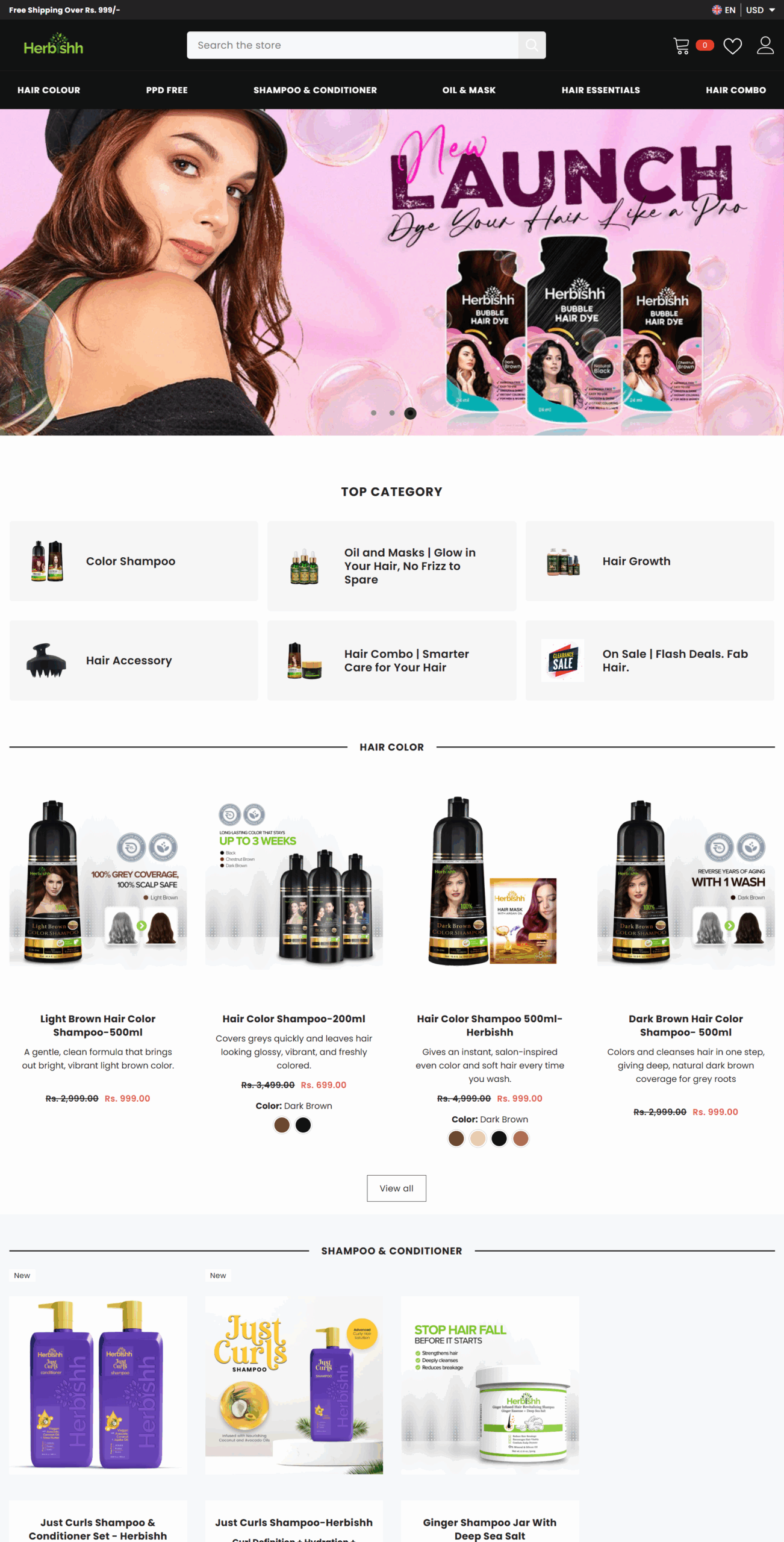 Herbishh Just Curls Shampoo and Conditioner Set product page with bundle options and customer offers