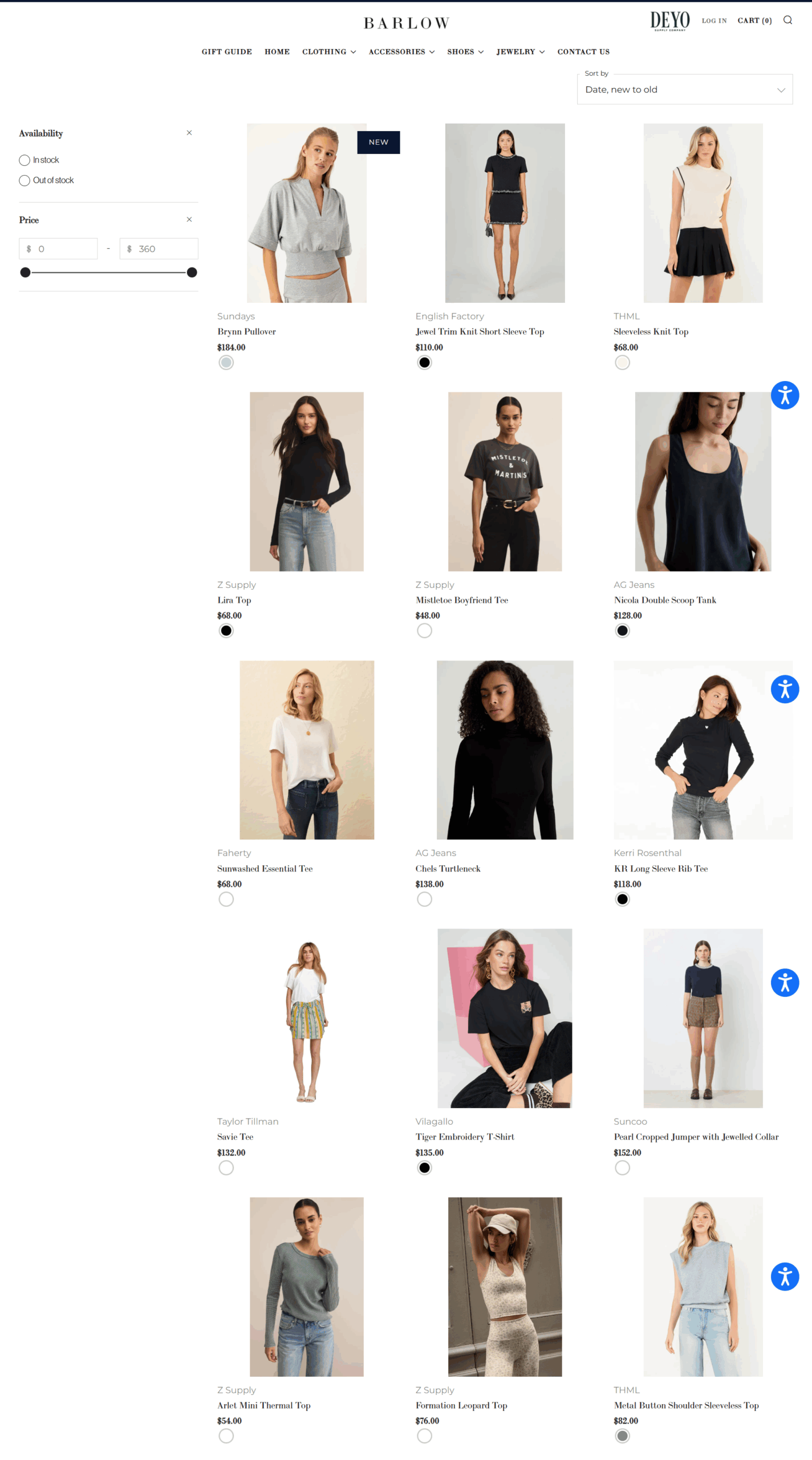 Barlow Fashion homepage showing featured products in Gifts for Her and Season’s Standouts sections