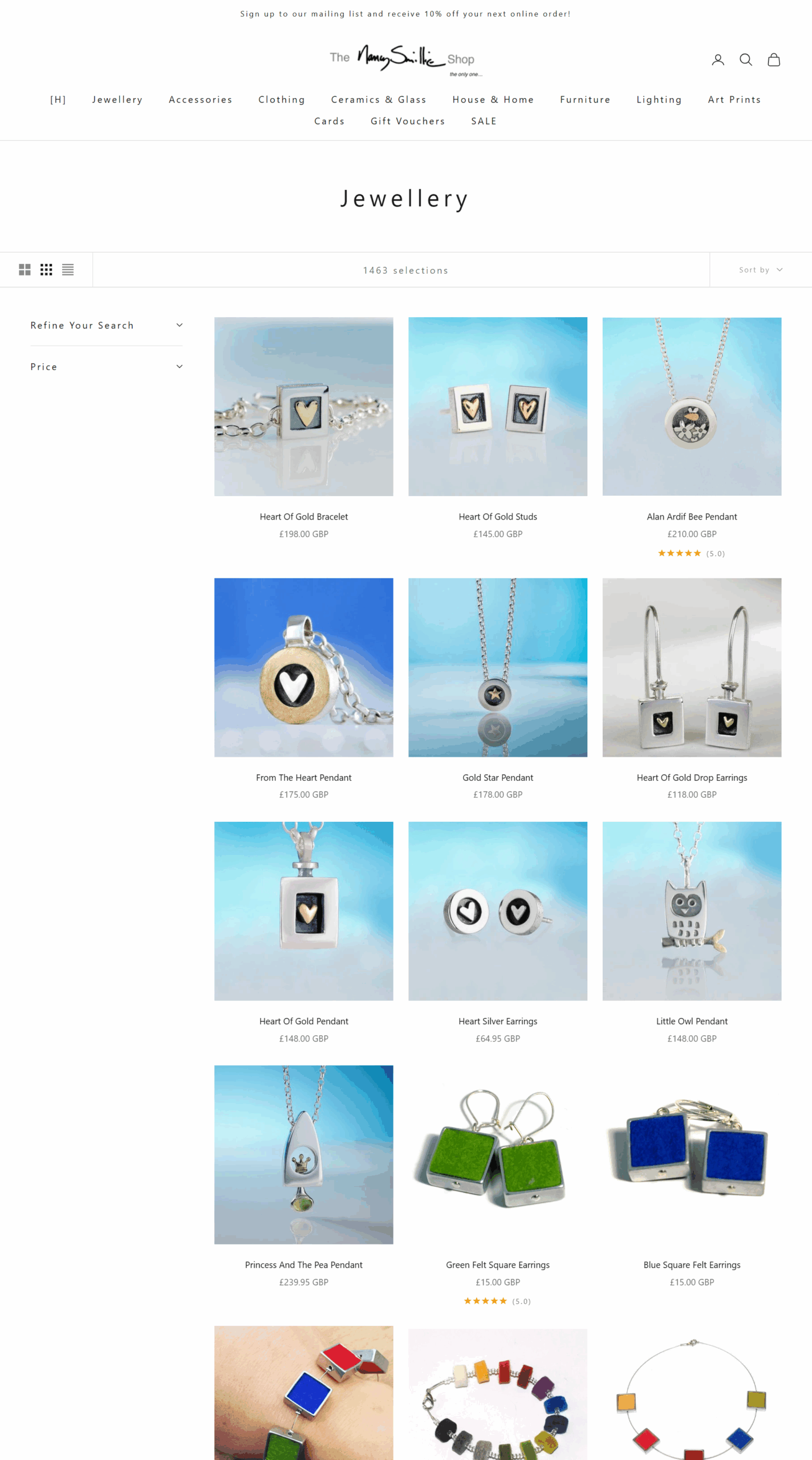 Jewellery collection page showing handcrafted silver and gold pendants, bracelets, earrings and unique designer pieces at The Nancy Smillie Shop.
