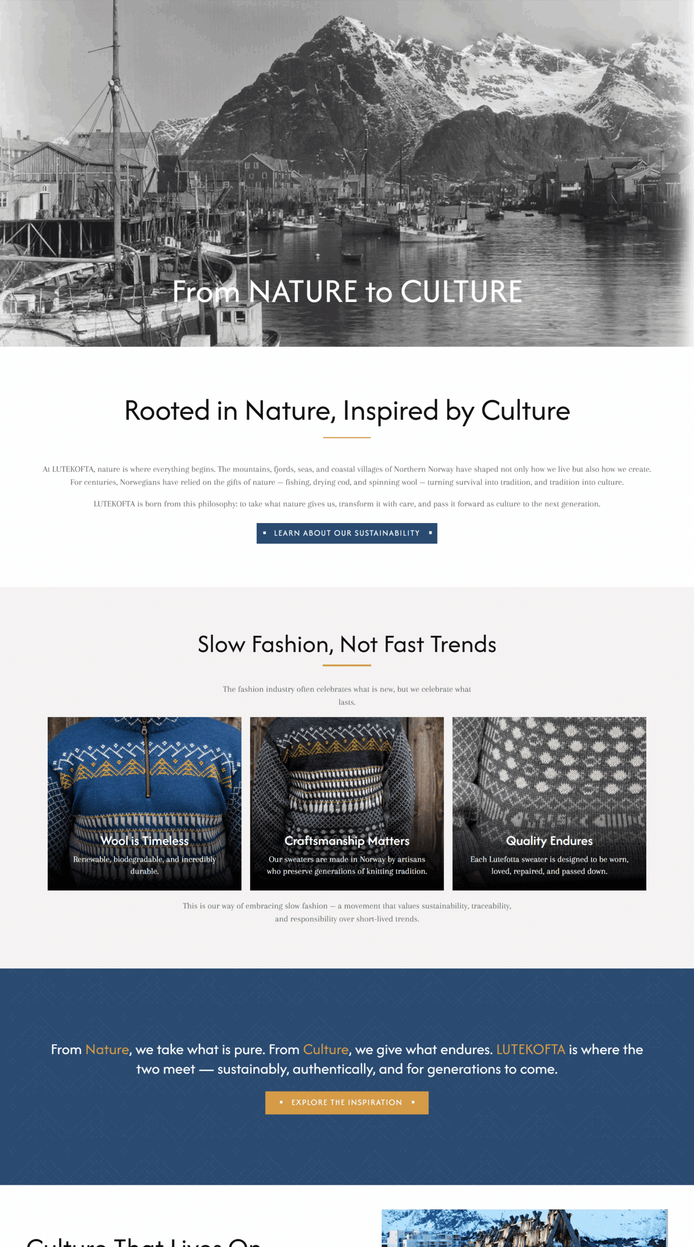 LUTEKOFTA “From Nature to Culture” page featuring Norwegian landscape and brand story section