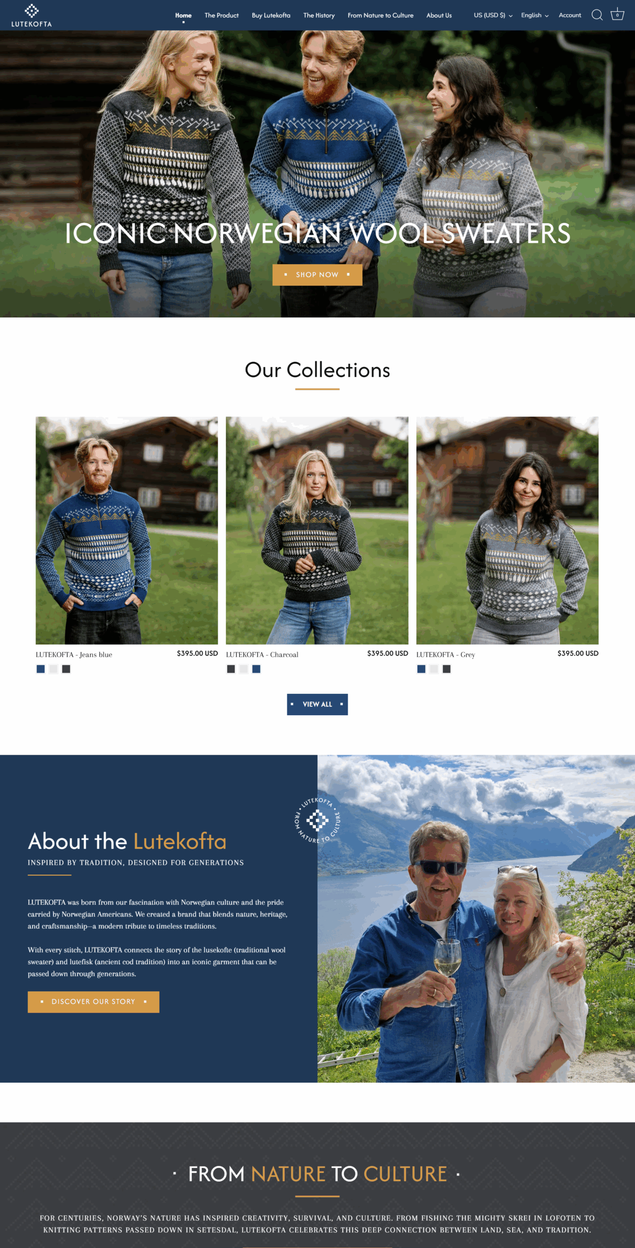 LUTEKOFTA homepage collection showcasing premium Norwegian wool sweaters for men and women