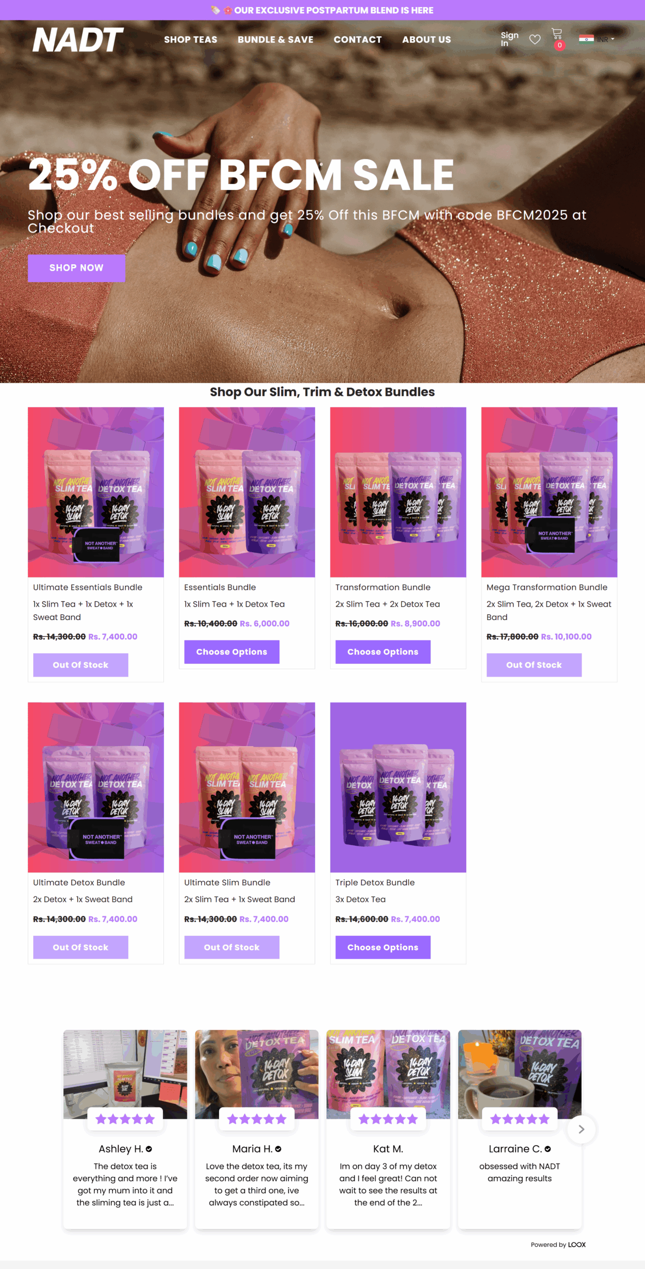 NADT detox tea product collection showcasing various Slim and Detox tea packs with pricing