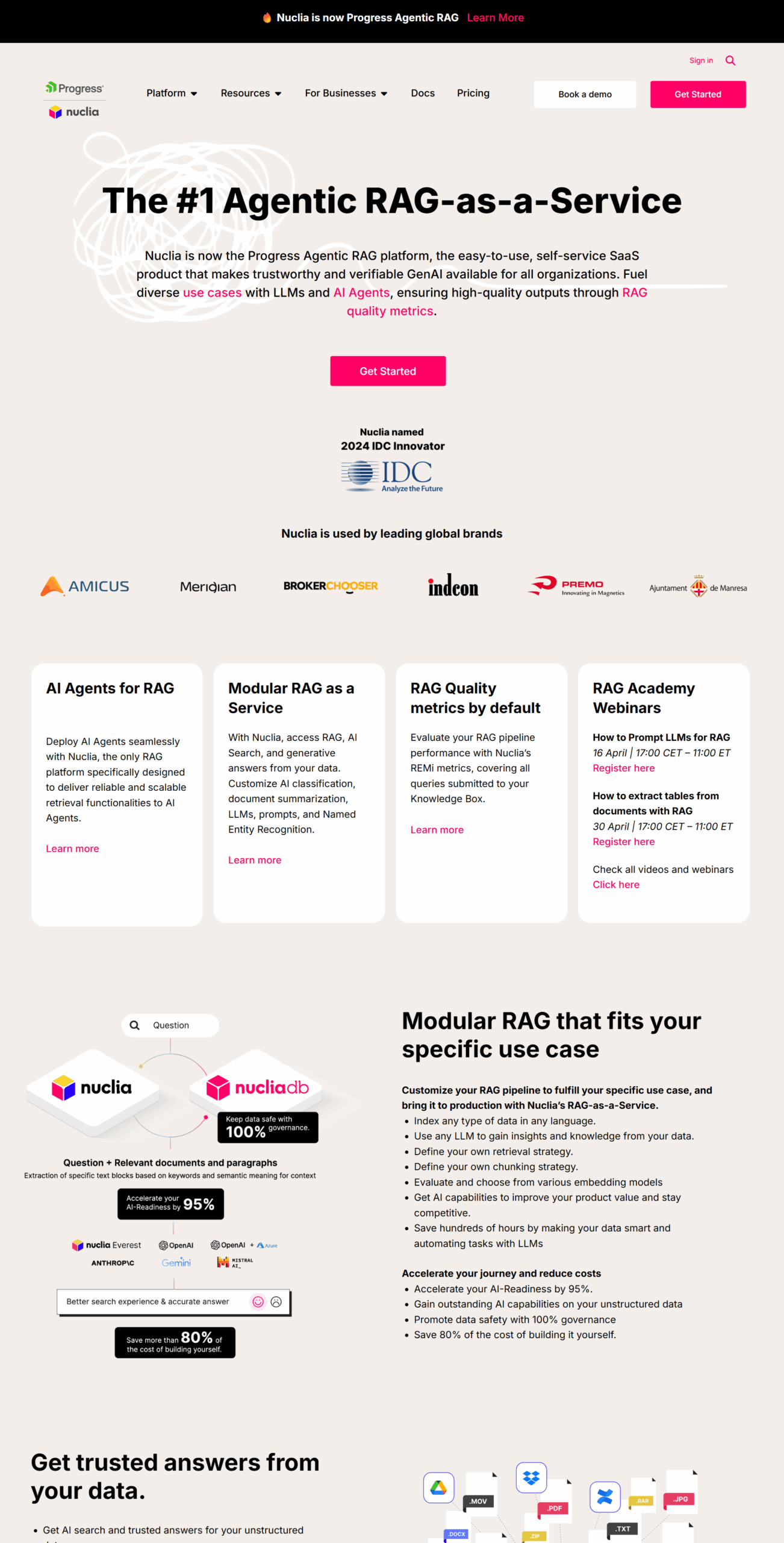 Nuclia modular RAG pipeline diagram showing indexing, chunking, retrieval, and accuracy metrics