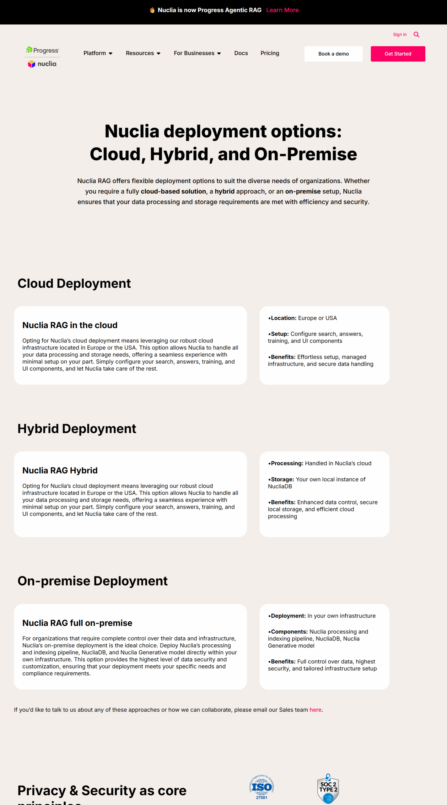 Nuclia RAG capabilities page showing product embedding, testing, customization, and integration options