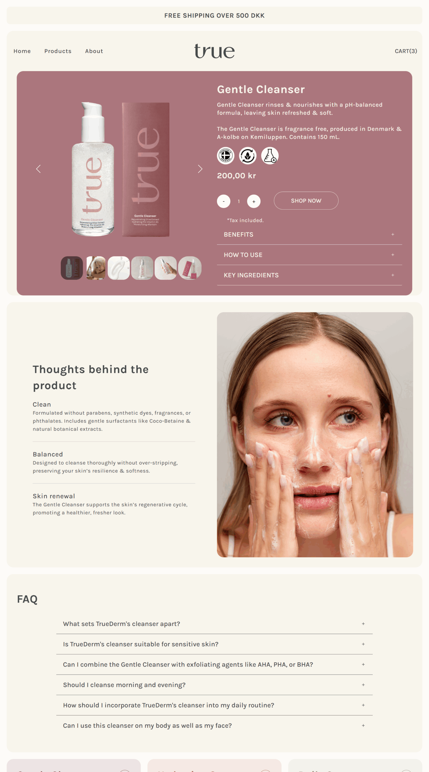 TrueDerm Gentle Cleanser product page featuring benefits, ingredients, how-to-use guide, and FAQ section