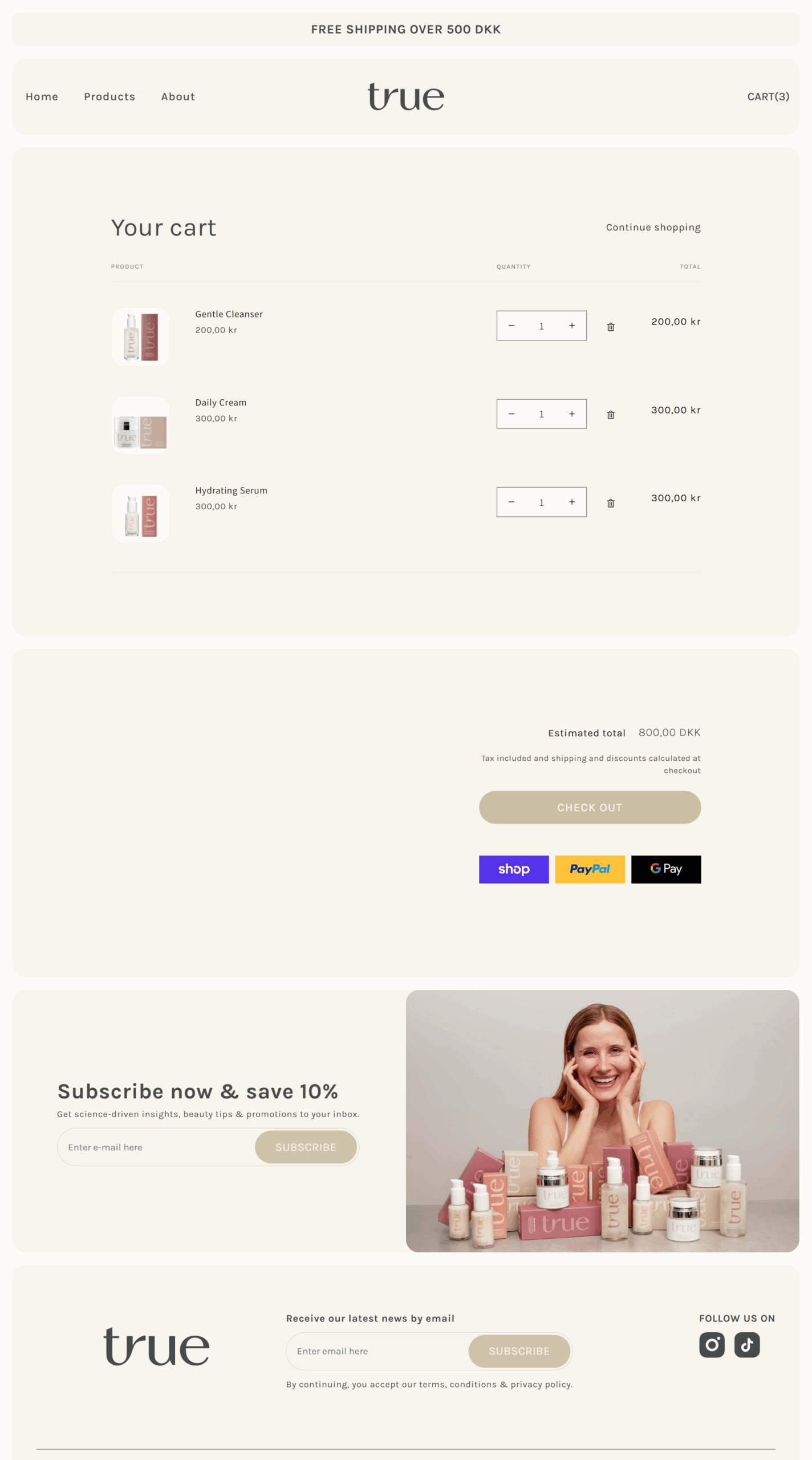 TrueDerm Shopify cart and checkout page showing product list, quantity options, estimated total, and subscription offer