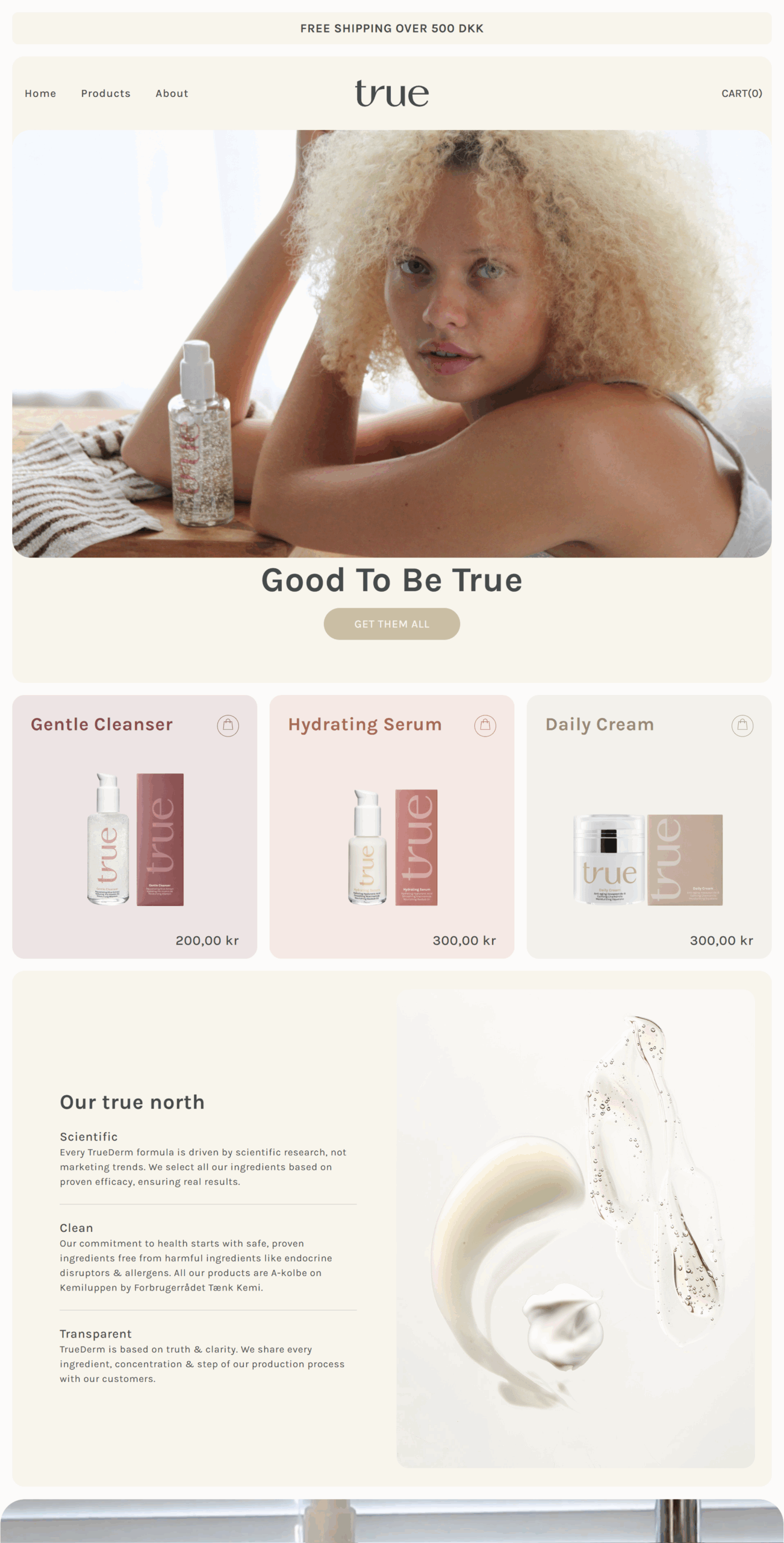 TrueDerm skincare hero banner showing model with curly hair and featured cleanser product in minimal natural setting